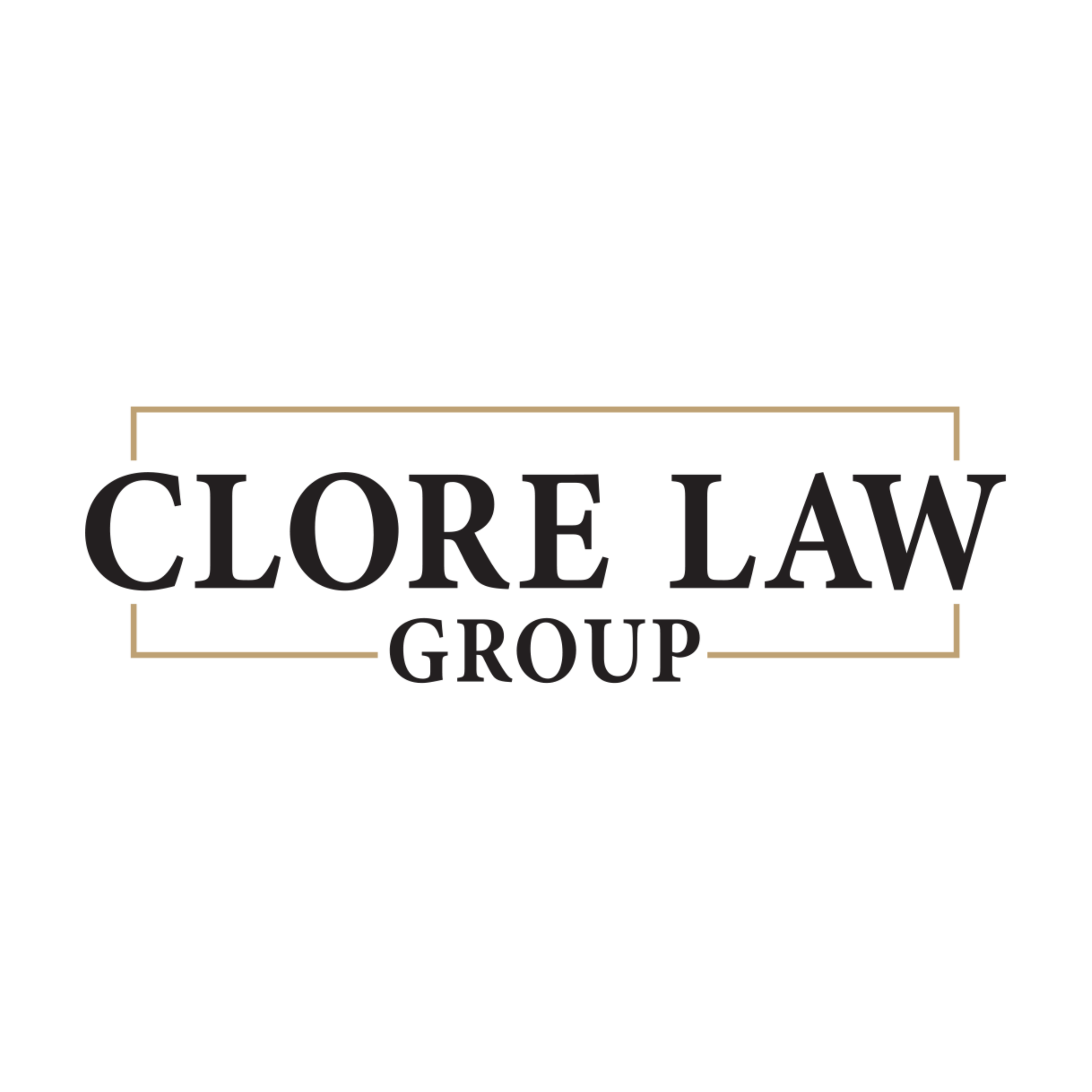 Logo of Clore Law Group with black background, beige and gray text.