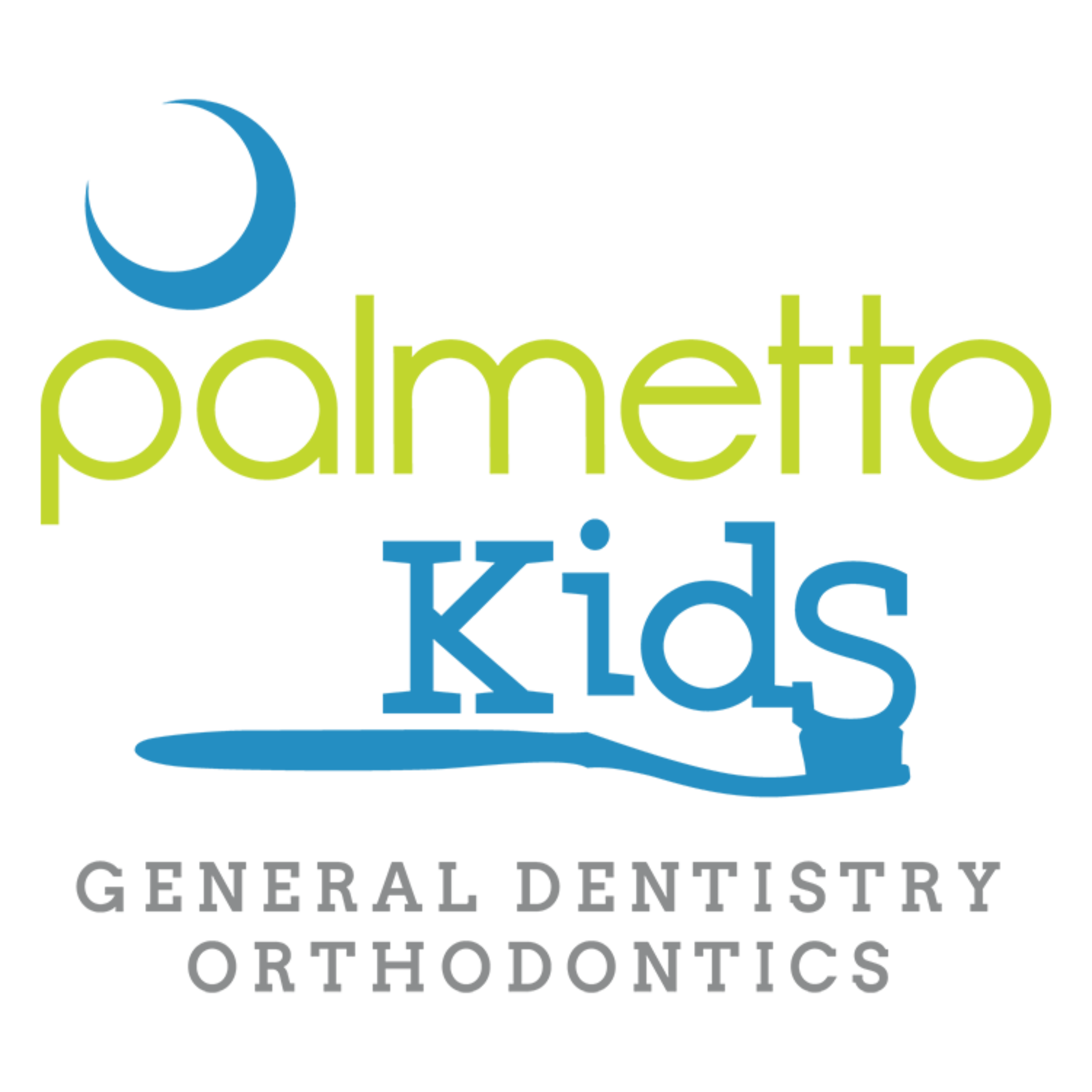 Logo for Palmetto Kids, Central Florida's Orthodontics, featuring colorful text with a stylized moon and swoosh design.