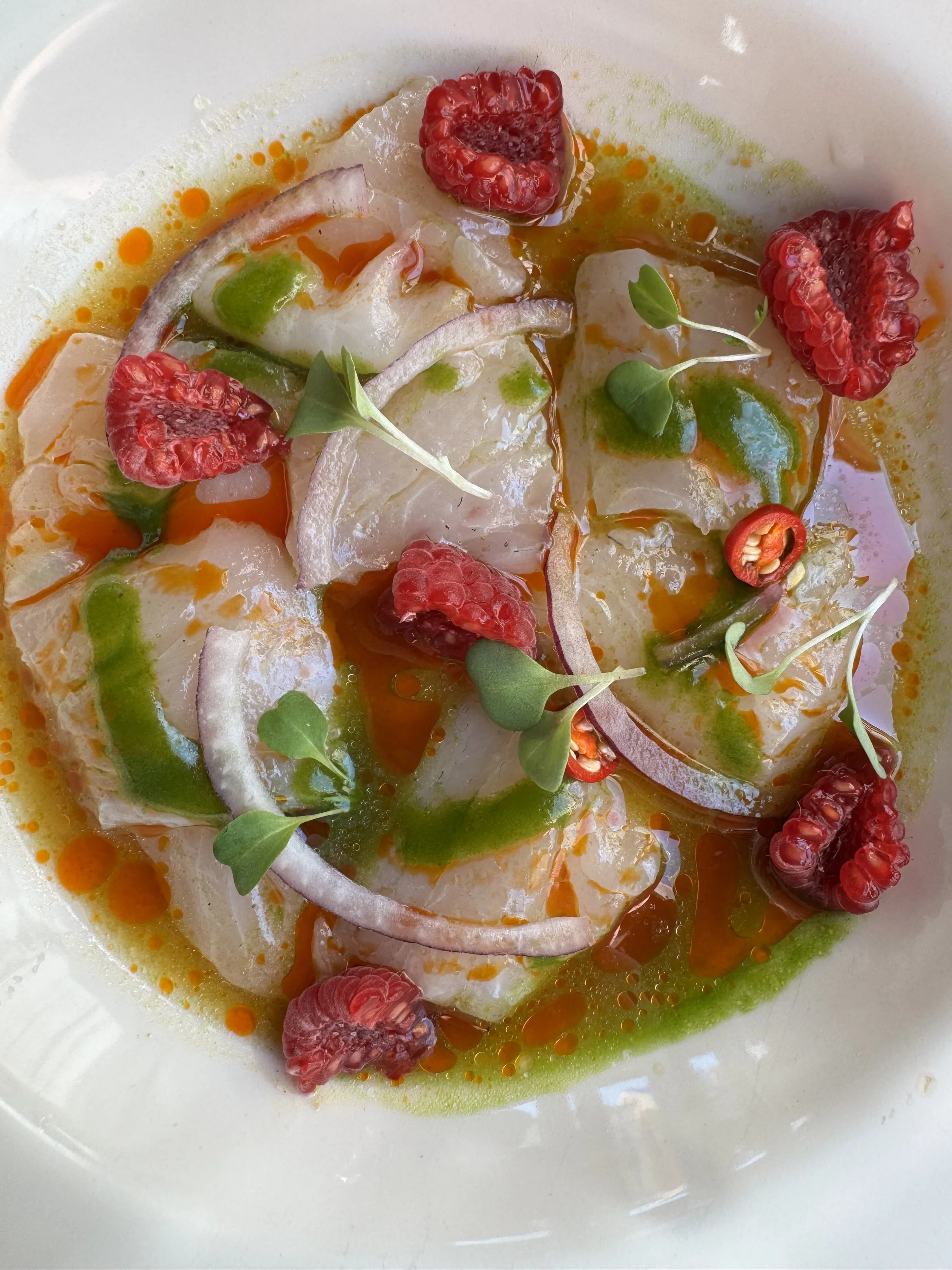 Seabass Crudo with Raspberry, Chilli &amp; Green Oil