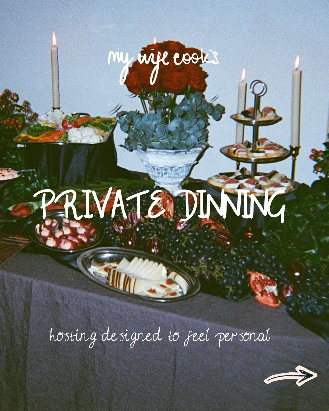 Hosting, without the stress. 

Every private dinner starts with a chat: what you like eating, who&rsquo;s coming, the mood of the evening, how much you want handled, and whether we&rsquo;re going full candles / florals / printed menus or keeping it a