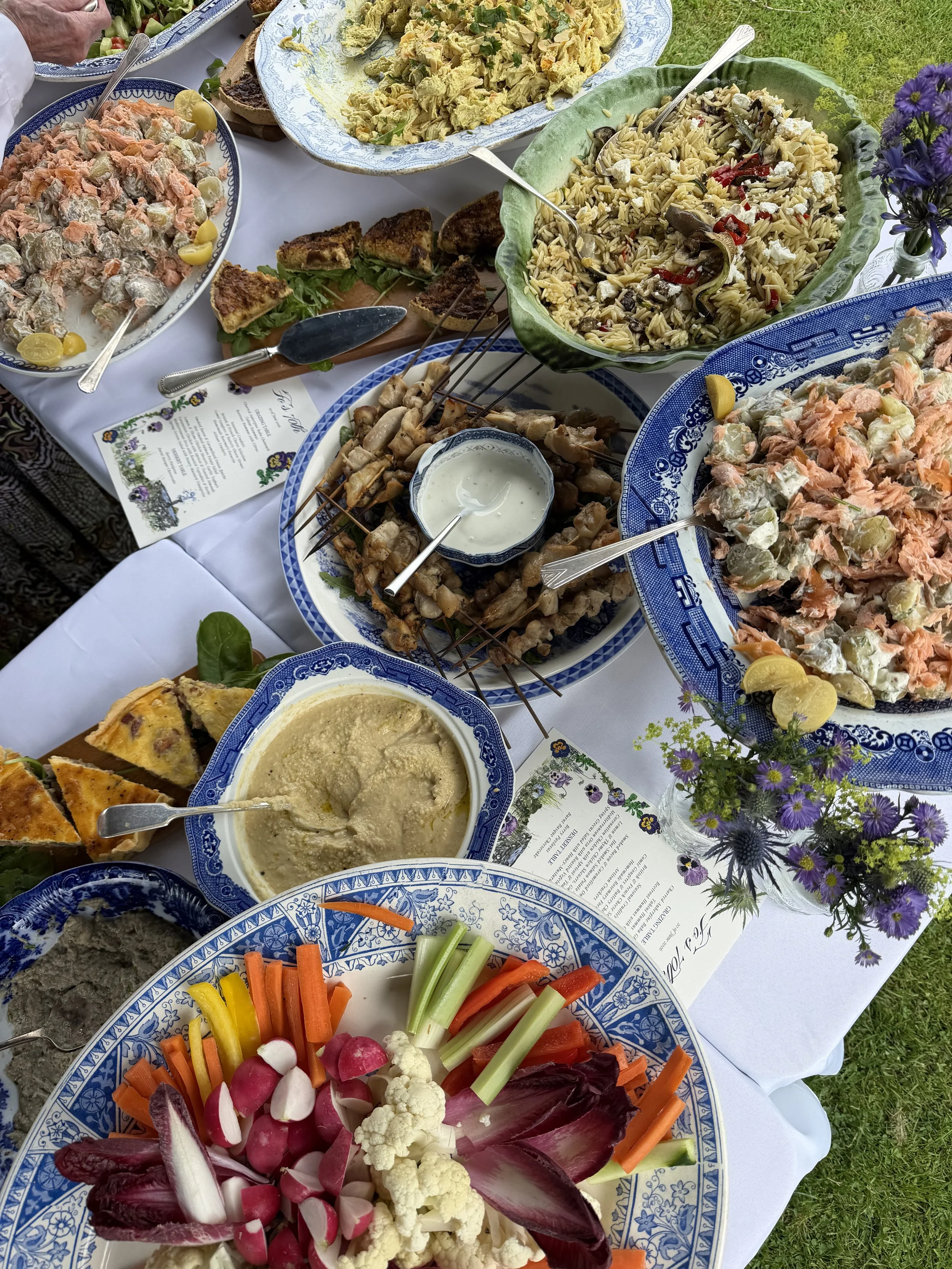 A table with various dishes including a mixed vegetable salad with radishes and cauliflower, a bowl of hummus, skewers of grilled chicken, pasta salad with vegetables, and other salads and side dishes, all arranged on blue and white patterned plates 