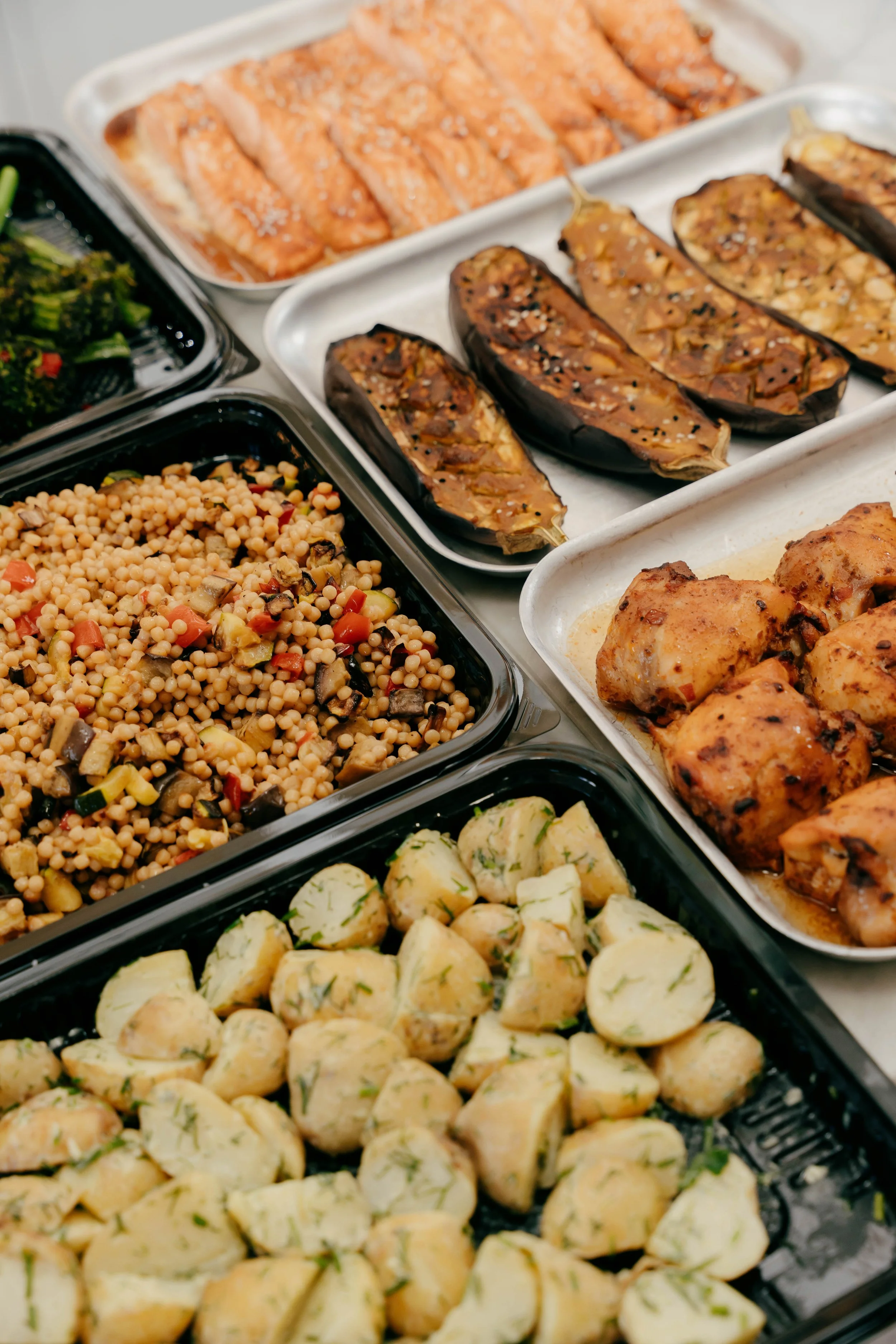 A variety of plated dishes including salmon fillets, stuffed eggplant, chicken pieces, couscous salad, and eggplant salad, arranged on a table.