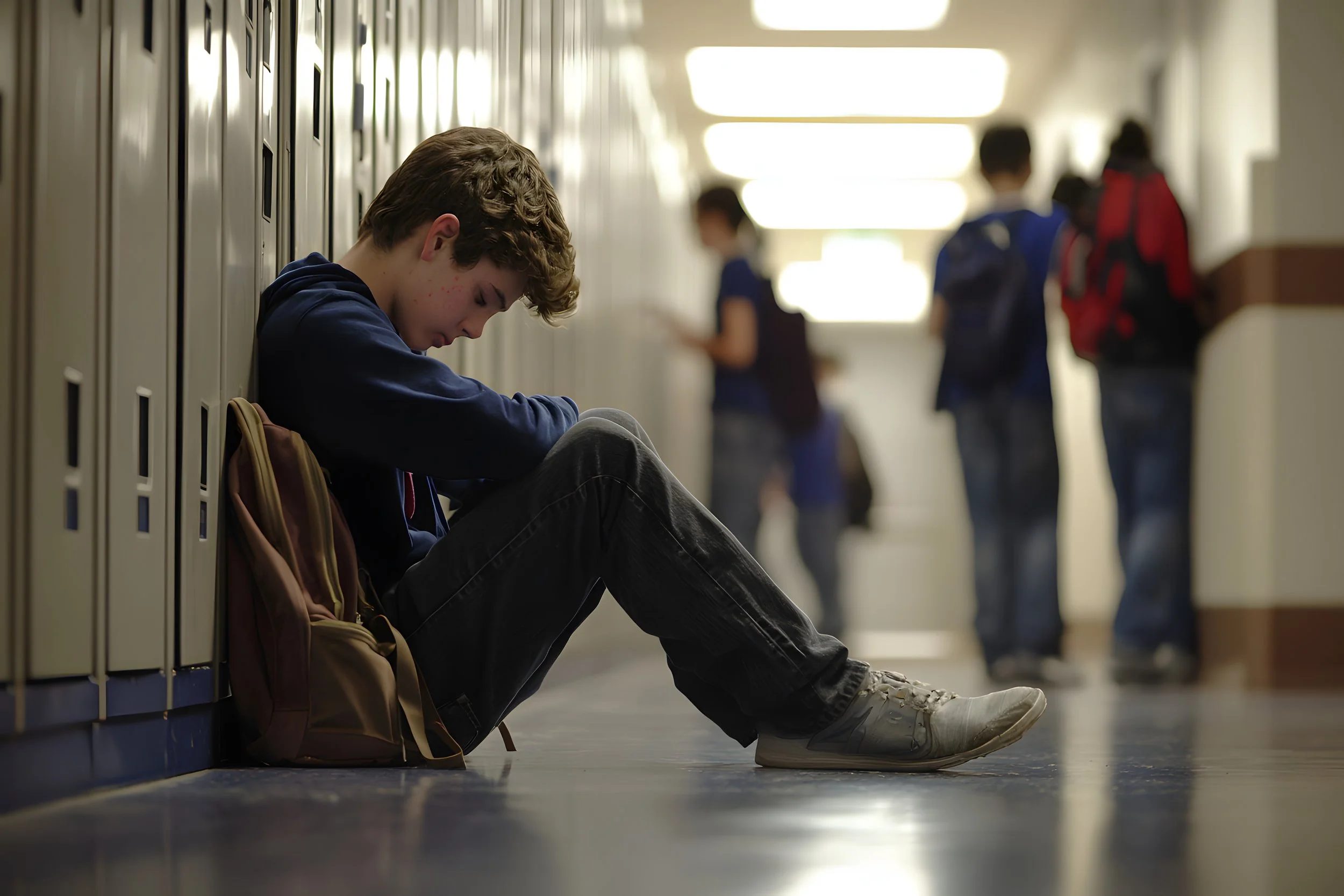A teenage boy sitting on the floor of a school hallway, leaning against lockers, looking down, with a backpack beside him. In the background, other students are standing, some looking at their phones, in a brightly lit hallway.