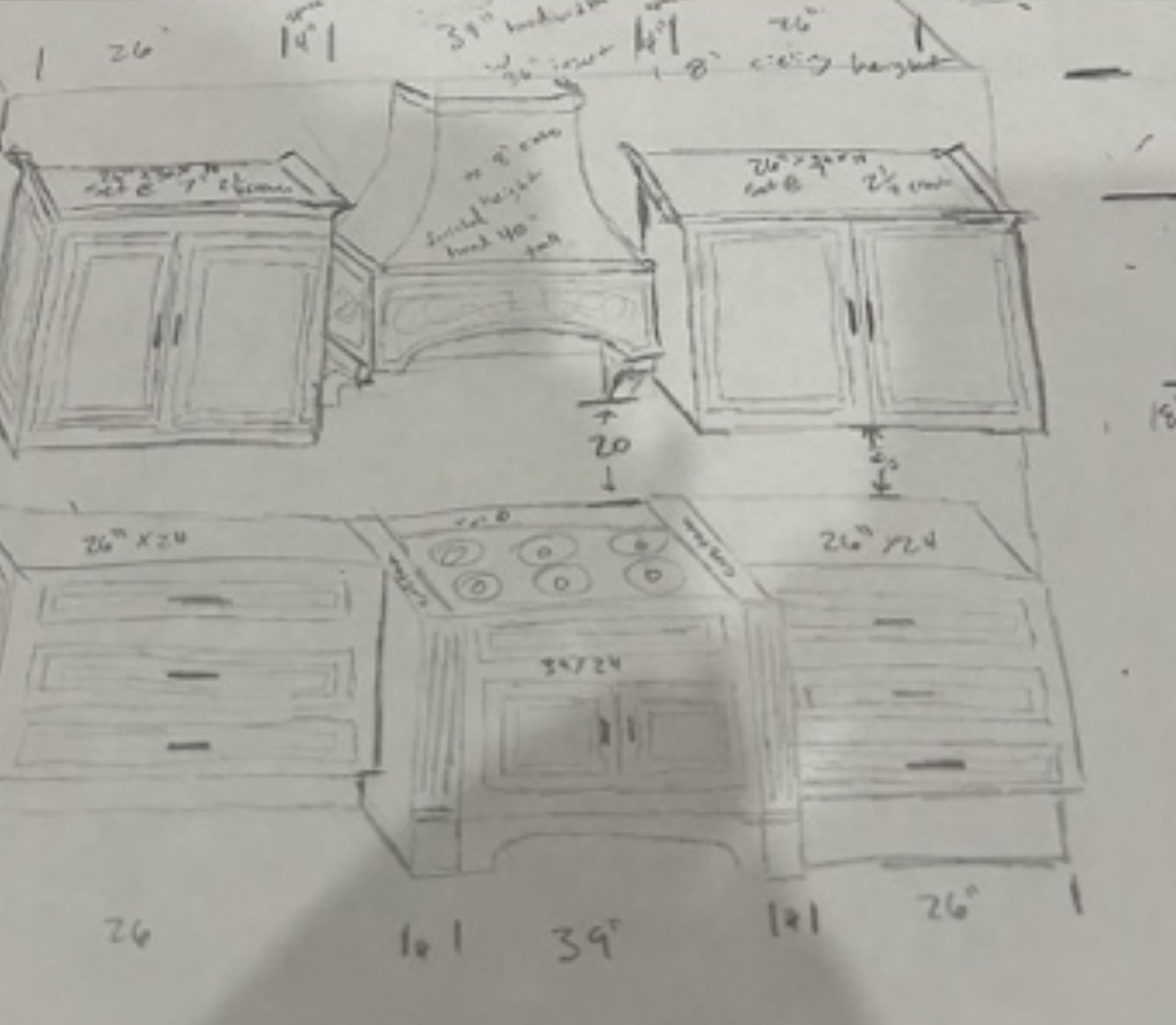 A hand-drawn kitchen layout sketch showing upper and lower cabinets with measurements, a range with four burners, and notes indicating dimensions and features for each section.