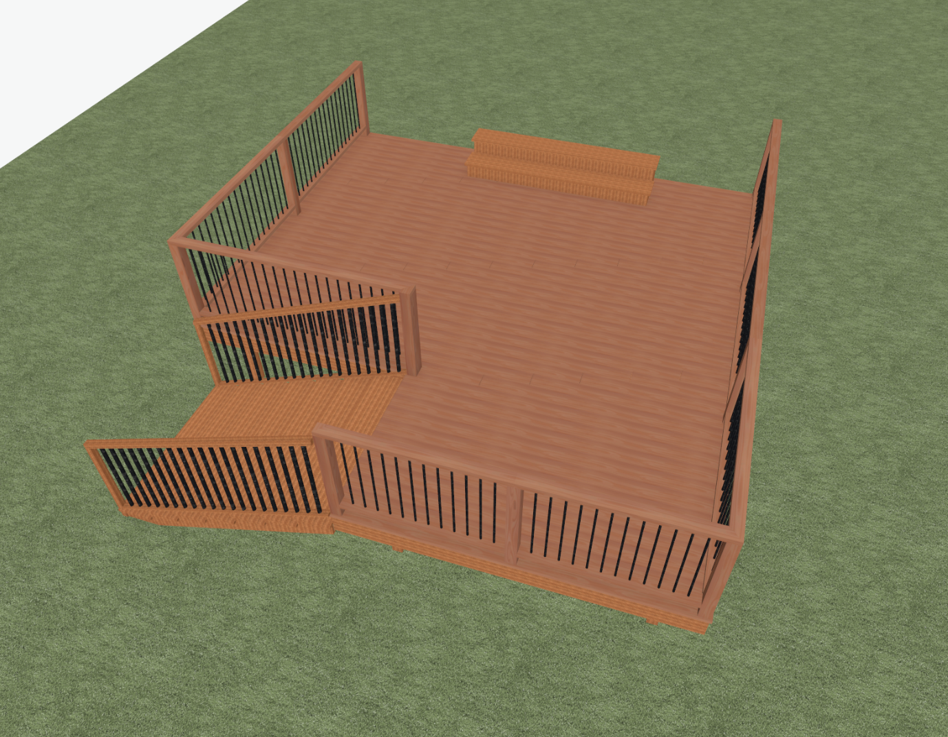3D rendering of a wooden deck with a small staircase, surrounded by a grassy yard, with black railings on the sides and a small raised section on the deck.