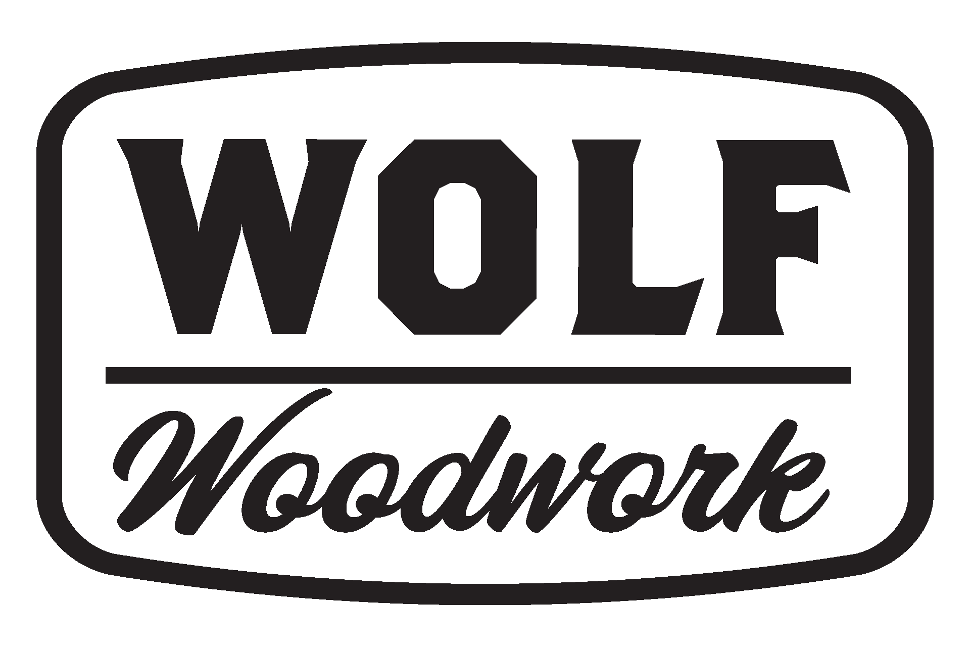 Logo for Wolf Woodwork featuring the word 'WOLF' in bold uppercase letters above the word 'Woodwork' in cursive script, enclosed in a rounded rectangular border.