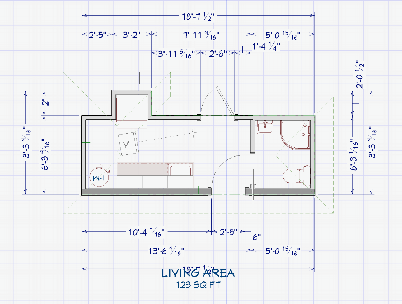 Floor plan of a small living area measuring 123 square feet, including a kitchen, bathroom, and a living space with measurements and layout details.