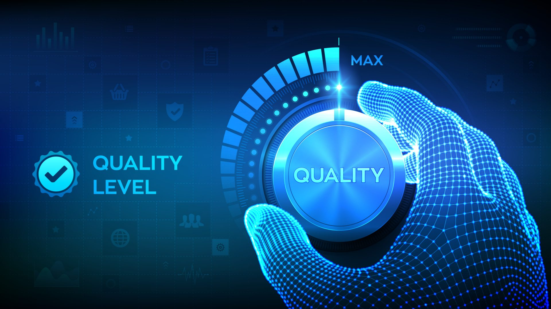 Futuristic digital image of a hand with a wireframe design turning a glowing blue dial labeled 'Quality' towards maximum, with a background of icons and graphs representing data and technology.