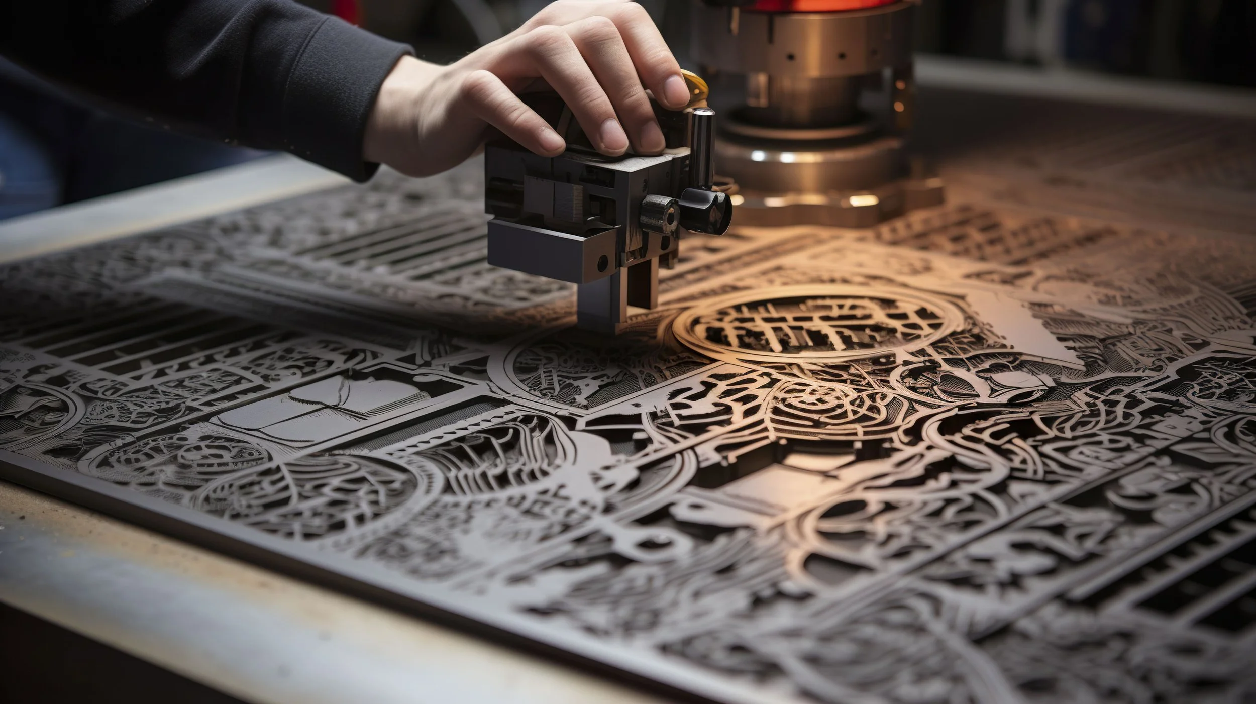 Person working on intricate paper cut art with tools, focusing on detailed patterns and designs.