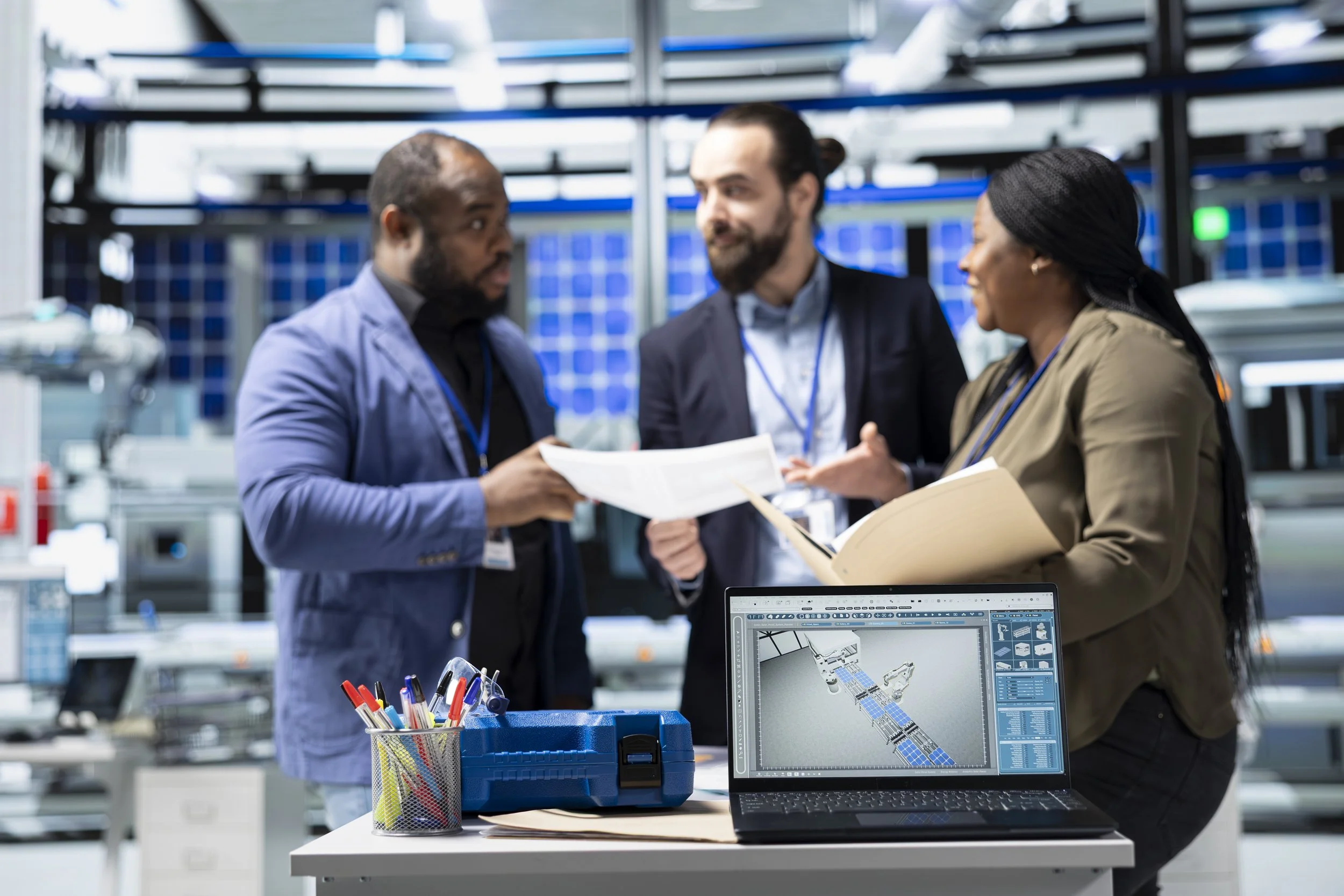 Three professionals having a discussion in a high-tech lab or workshop filled with equipment. One person is pointing at a document, while the others listen. In the foreground, a laptop displays a digital design of a solar panel array, with pencils and tools nearby.
