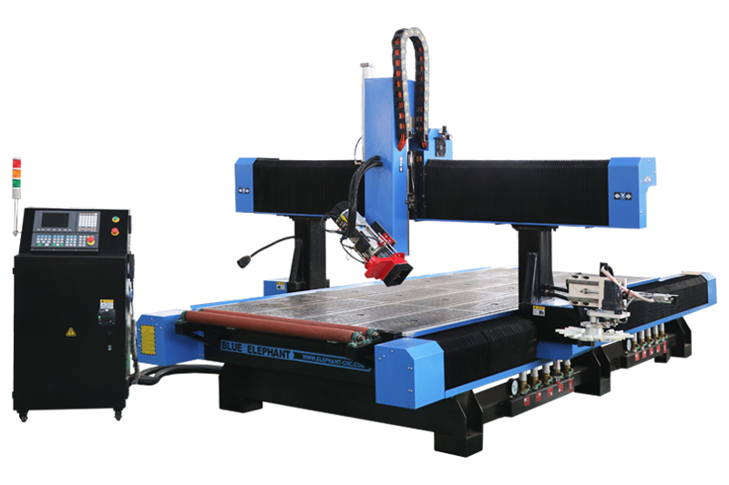 A large blue digital CNC plasma cutting machine with a control panel on the left and a cutting arm in the center.