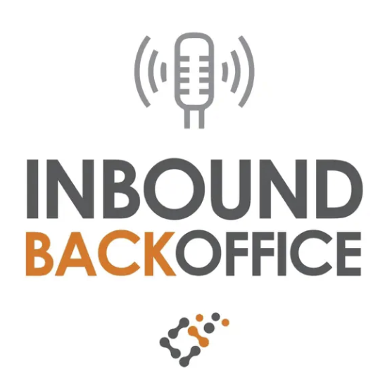 Minimal white and orange logo for the Inbound Back Office Podcast featuring a gray microphone icon and orange and gray text reading “Inbound Back Office.”