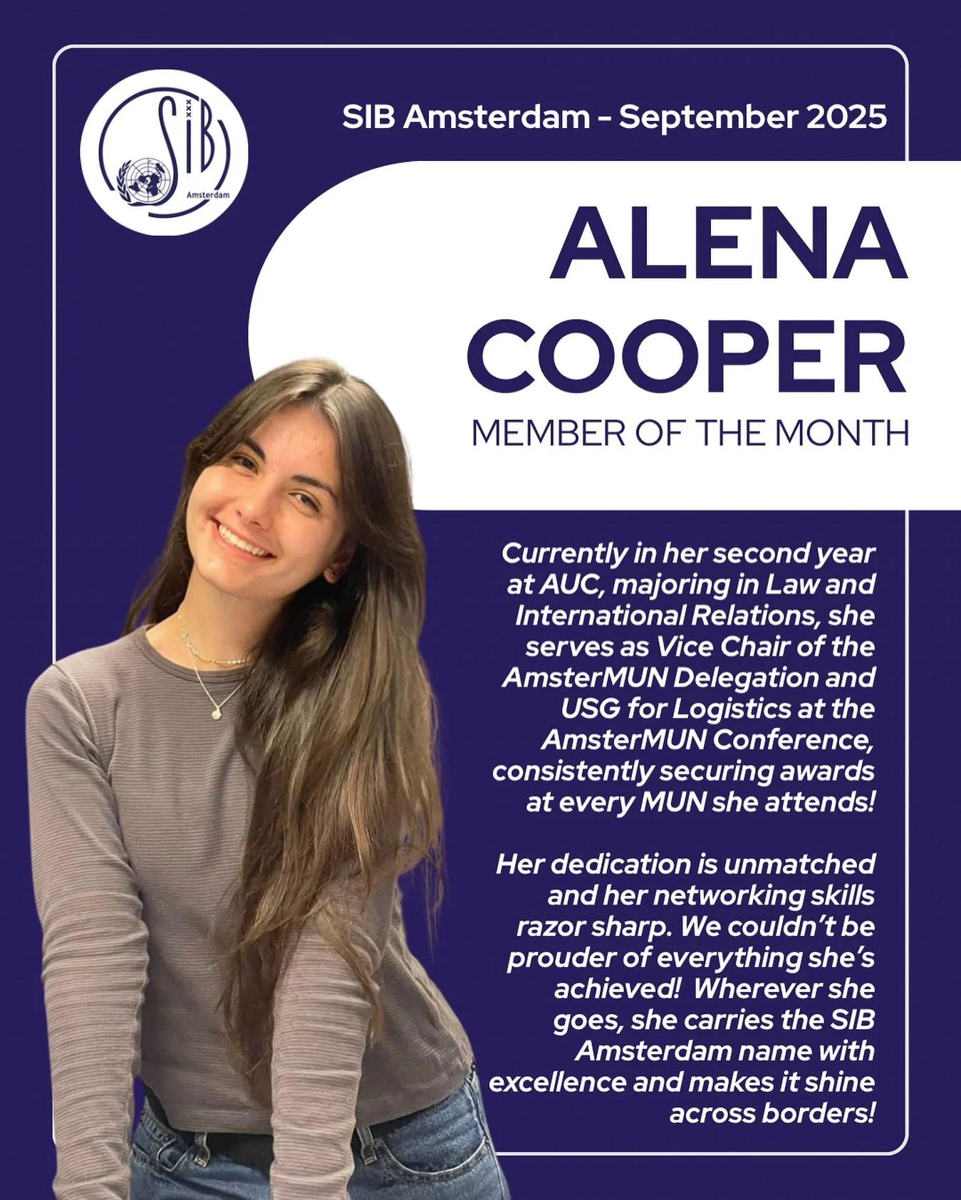 Meet our September Member of the Month : Alena!!🌟

&ldquo;hi, my name is alena and i joined SIB just last year to be apart of the MUN delegation. SIB has not only given me the unique opportunity build my skills in diplomacy, but it is also where i m