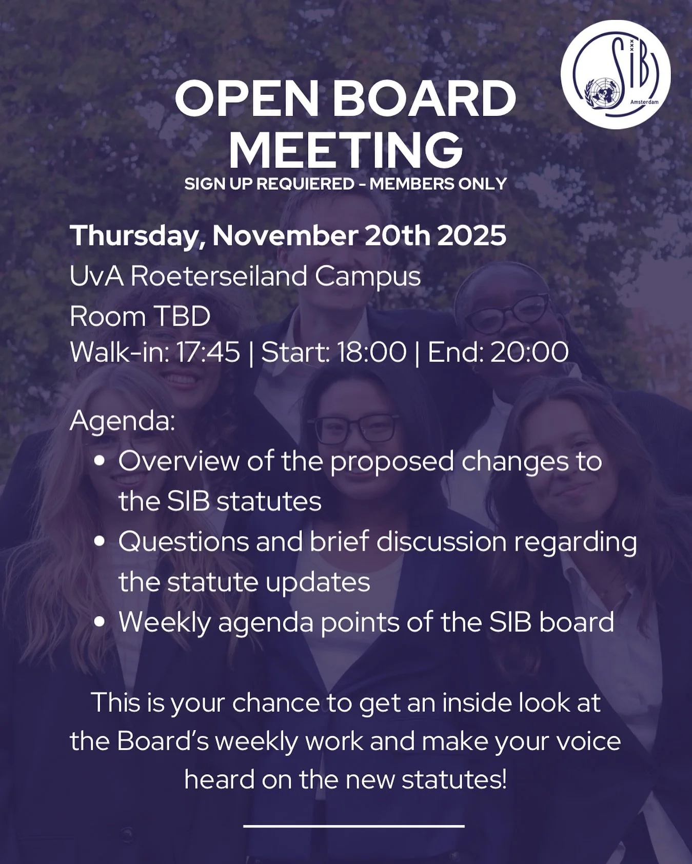 📣 Open Board Meeting

Get a peek behind the scenes of SIB, hear about the proposed statute updates, and share your thoughts with the board. Your voice truly matters, see you there! ✨📘👥

SIGN UP REQUIRED- LINK IN BIO