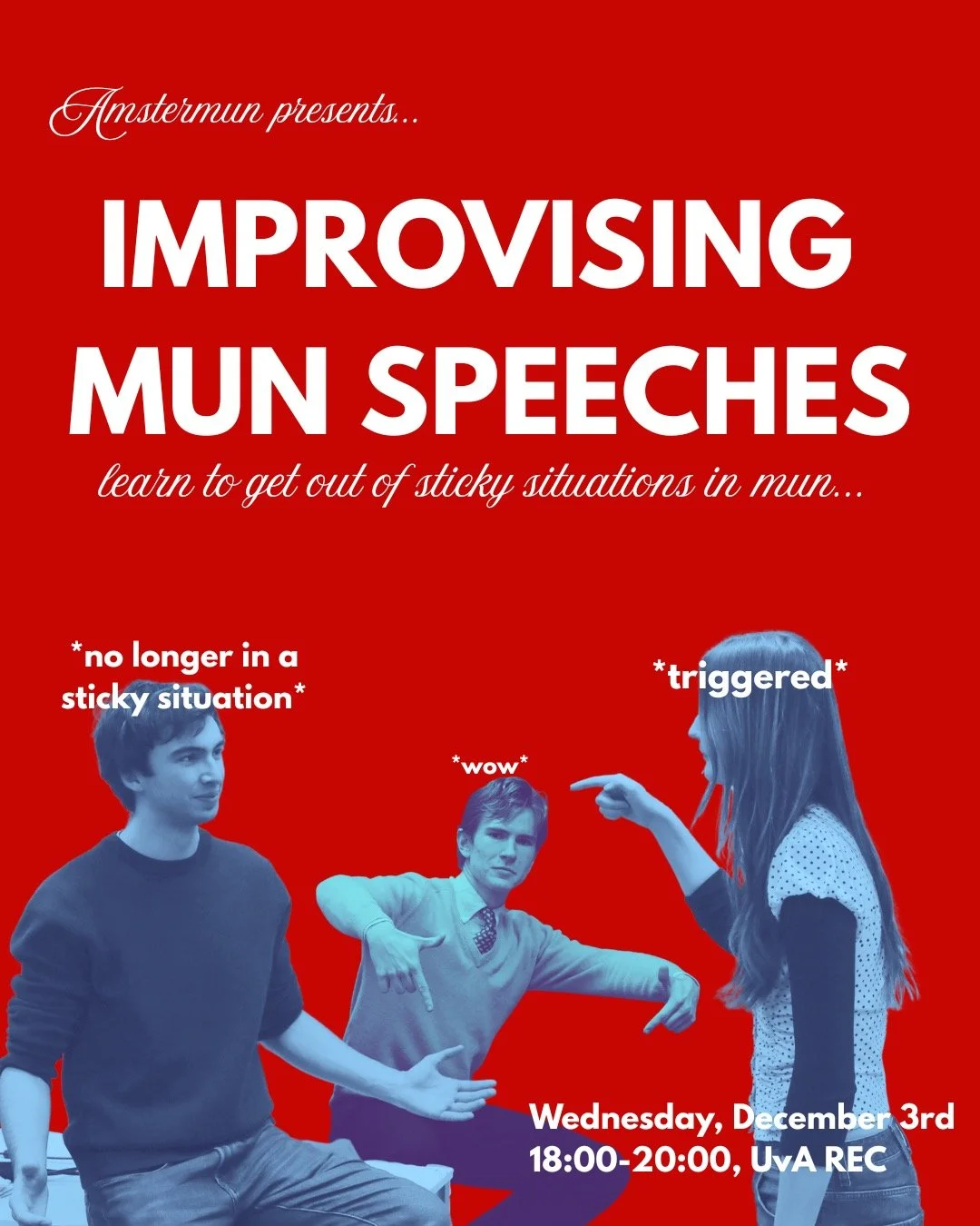 Get out of difficult MUN situations by learning improvisation!🗣️

In this week&rsquo;s session, we will focus on how winning delegates improvise speeches on the spot when all preparation has ran out. Learn what are topics you can divert to when noth