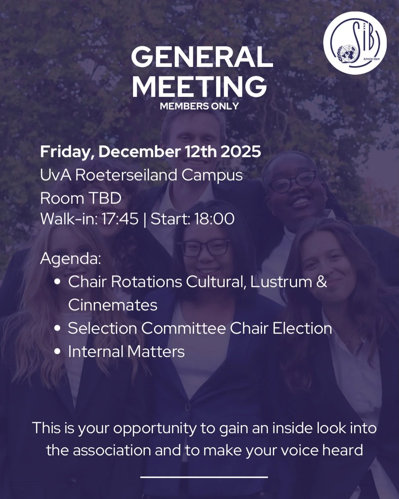 📣 GM Announcement &ndash; Friday, 12/12

Dear SIBlings,

Our next General Meeting is coming up on Friday December 12, and here&rsquo;s the agenda for the evening:

1️⃣ Election of the Selection Committee Chair
2️⃣ Chair Rotations
3️⃣ Internal Affair