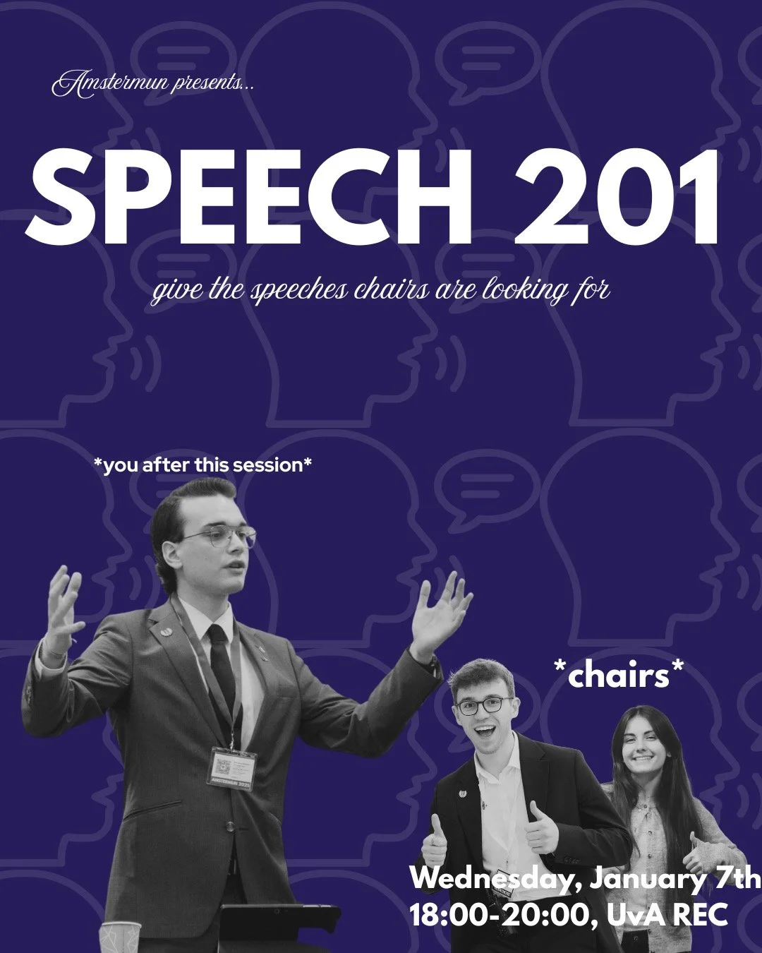 Practice coming up with great speeches quickly! ⏳

In this week&rsquo;s session of AmsterMUN, we will practice writing speeches that earn high marks on the spot. We will go through the theory of a great speech as well as an exercise simulating the ex