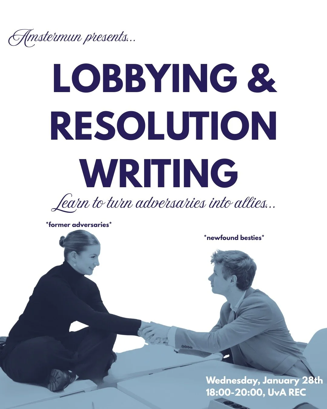 Learn how to turn ideas into clauses and clauses into coalitions. 💬

This Tuesday, AmsterMUN hosts a practical session on resolution writing and lobbying. We will run a streamlined debate with a short GSL, a brief moderated caucus, and an extended u