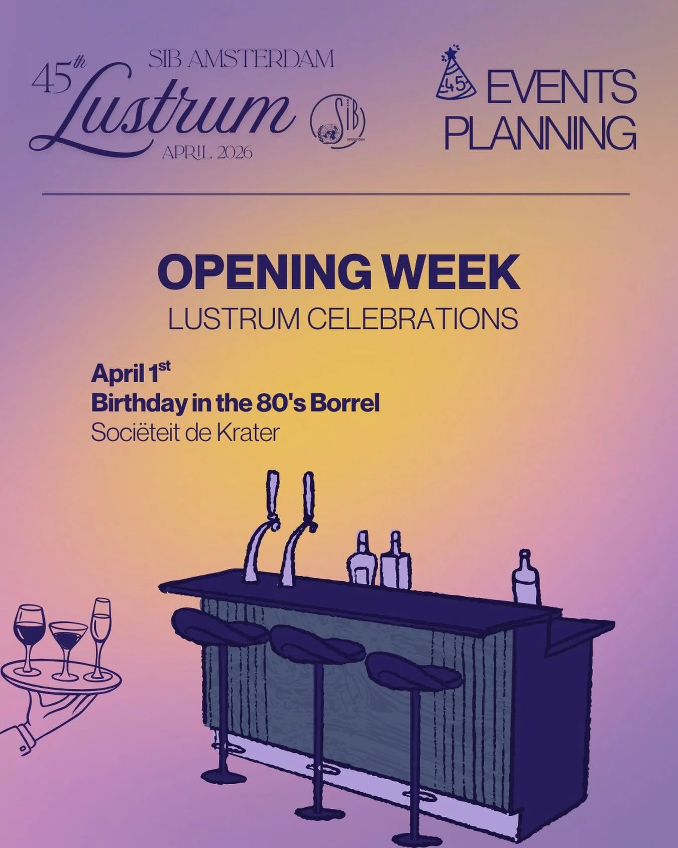 💜 Lustrum Opening Borrel: Birthday in the 80s 🪩

We&rsquo;re kicking off our Lustrum Month in style&hellip; and trust us, you don&rsquo;t want to miss this one 👀

For just &euro;15, you get:
🍺 Unlimited beer
🍷 Unlimited wine
🥤 Unlimited soft dr