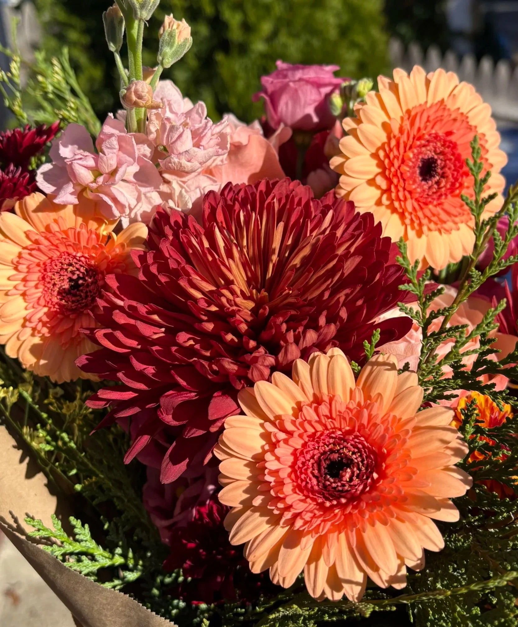 Close-up of a colorful bouquet of flowers, including pink hydrangeas, orange gerbera daisies, and deep red chrysanthemums, with green foliage.