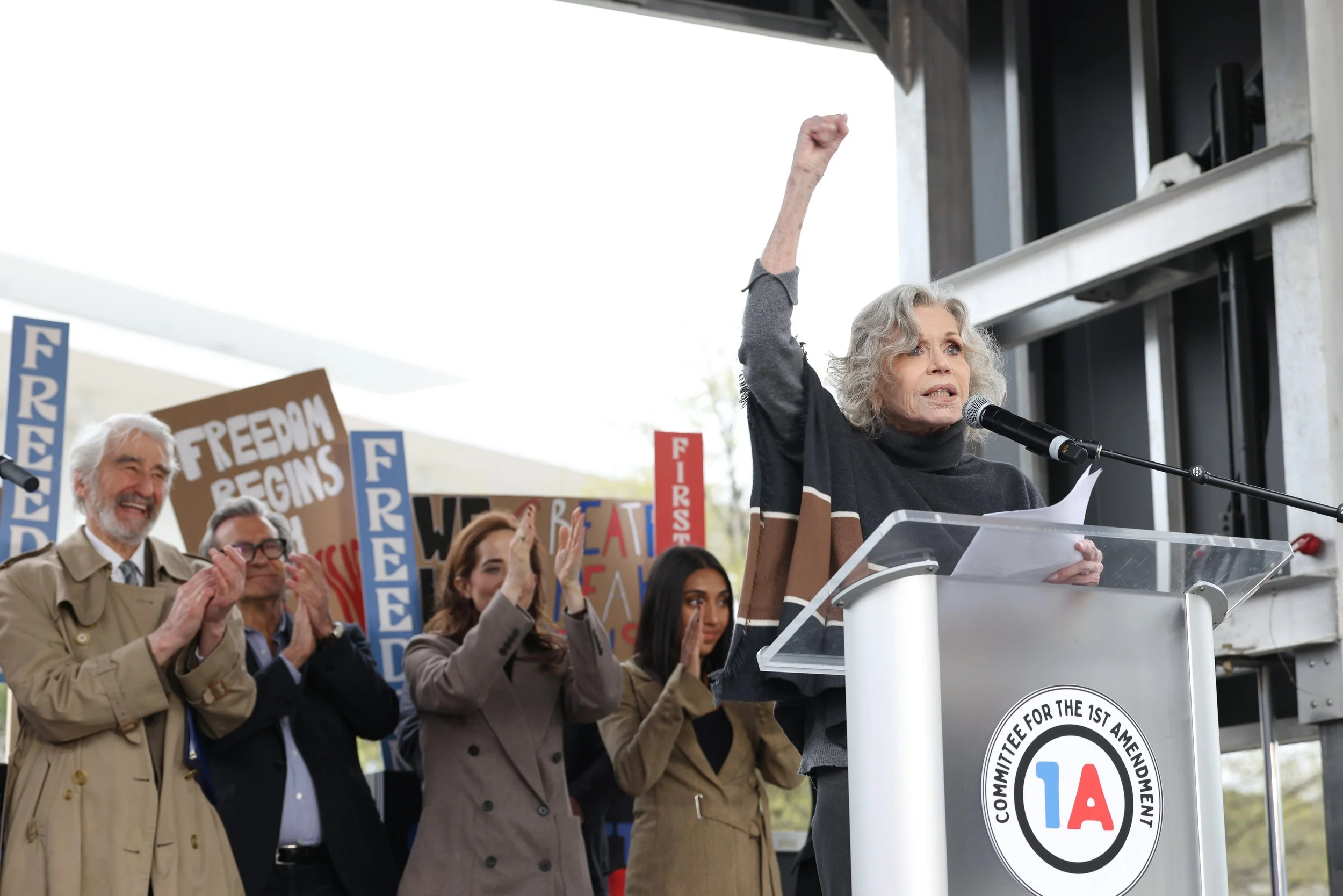 Jane Fonda, cheered on by Sam Waterston, Griffin Dunne, Rupi Kaur, and Bess Kalb. 
