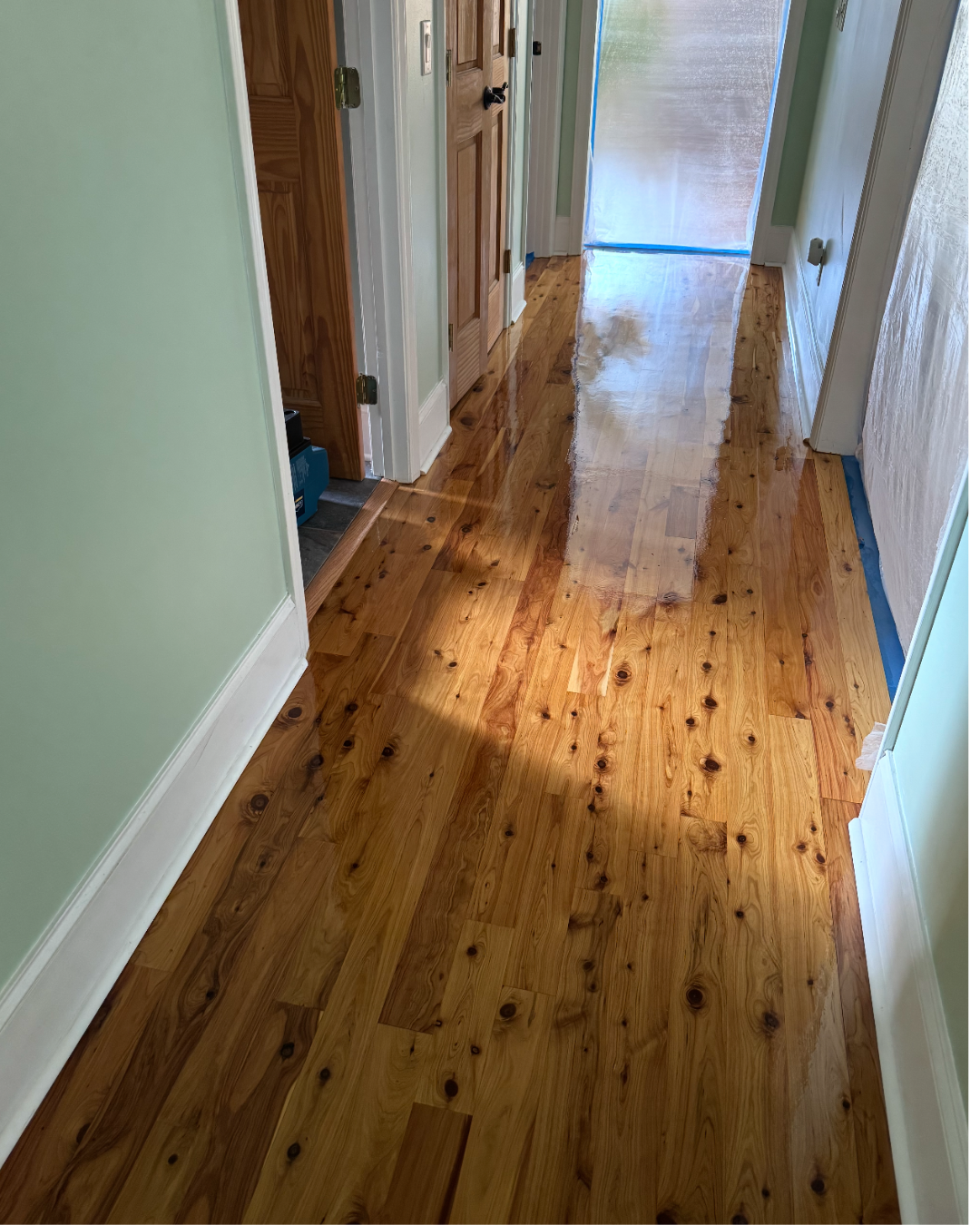 A hallway with a hardwood floor that is wet, with some areas covered in blue painter's tape and a plastic sheeting covering part of the floor at the end.