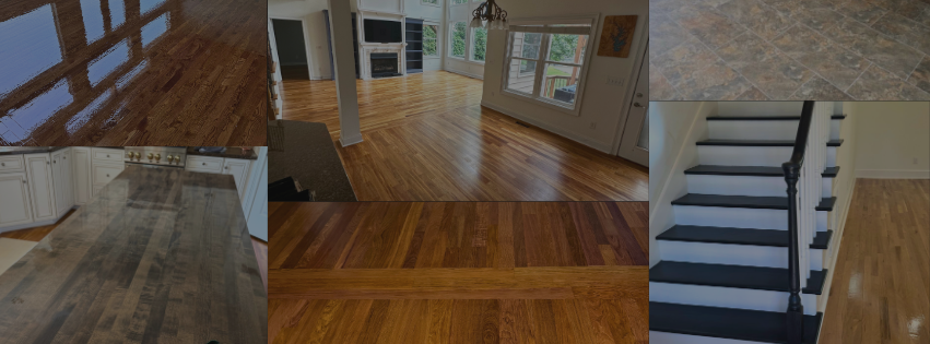 Collage of interior photos showing various hardwood floors in a home, including a living room and a staircase.