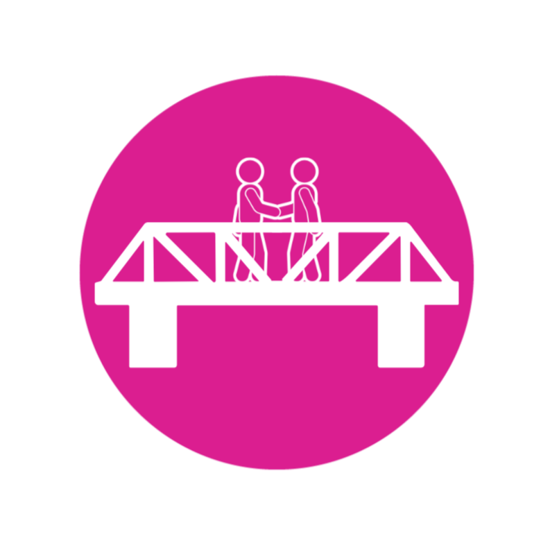 Icon of two people shaking hands on a bridge, with a pink circular background.