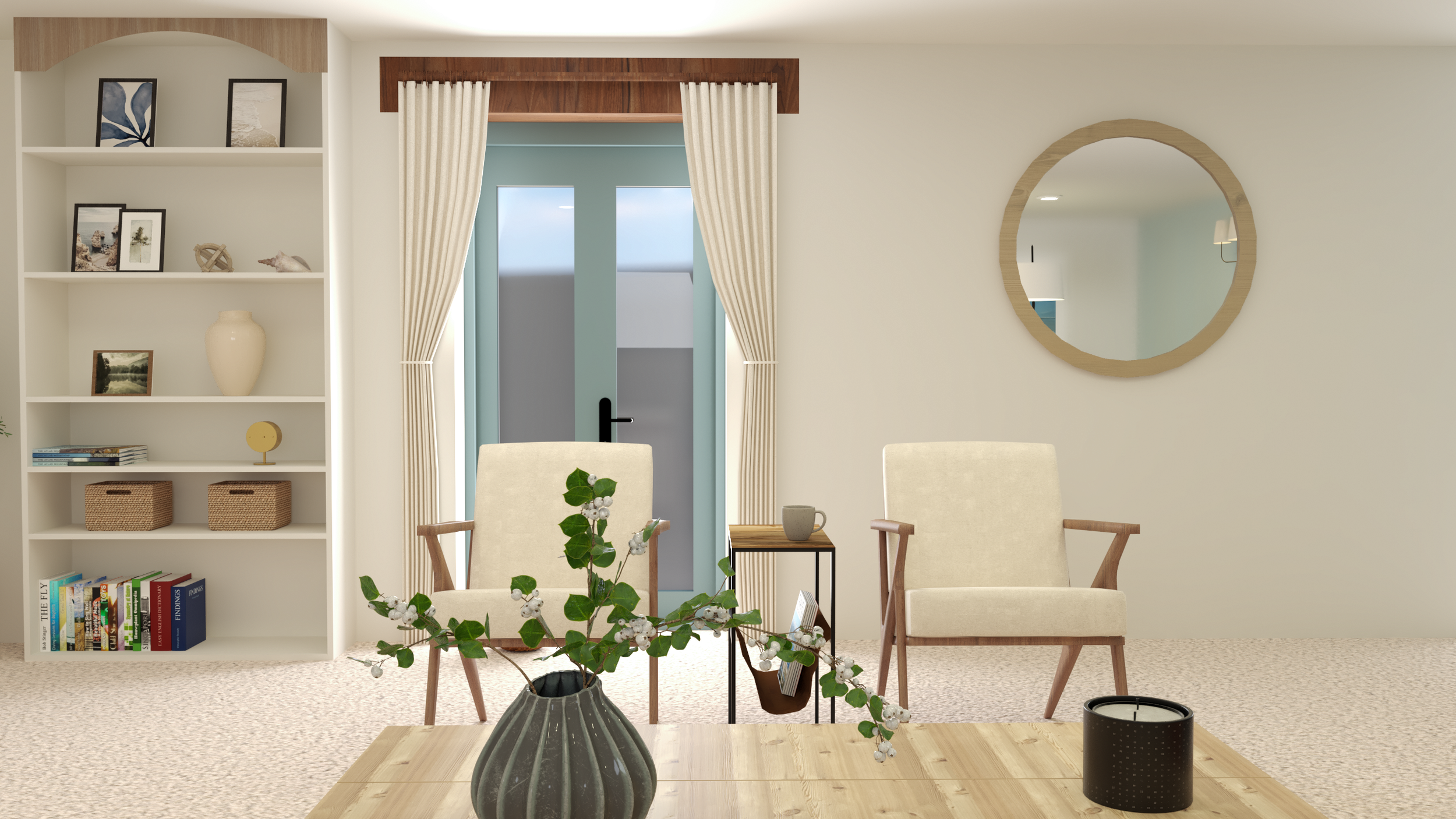 Living room with two beige armchairs, a small side table with a mug, houseplant with white flowers in a gray vase, a black candle holder, and a bookshelf with framed photos, books, and decorative items. A circular mirror hangs on the wall, and a glas