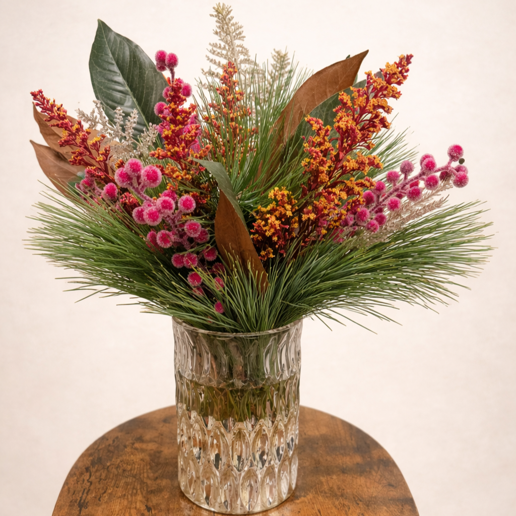 A floral arrangement in a textured glass vase, featuring pink, red, yellow, and green foliage with a mix of berries, leaves, and pine needles on a wooden table.