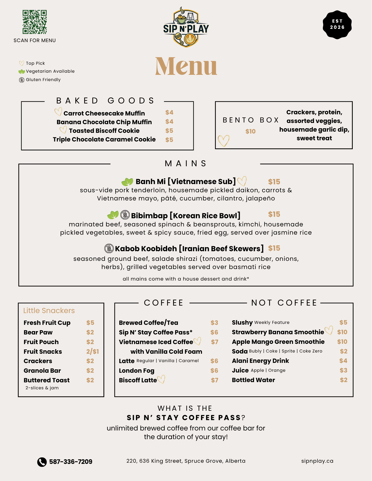 A menu for a cafe called Sip N' Play featuring baked goods, main dishes, and drinks, with icons indicating vegan options, gluten-free items, and the cafe's est. year of 2026.