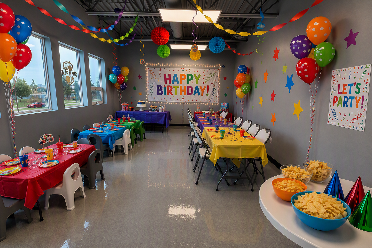 A decorated room for a child's birthday party with colorful streamers, balloons, and banners. Tables are covered with bright tablecloths and party supplies, with a cake and snacks at the back, and a large illuminated sign reading 'HAPPY BIRTHDAY!' on the wall.