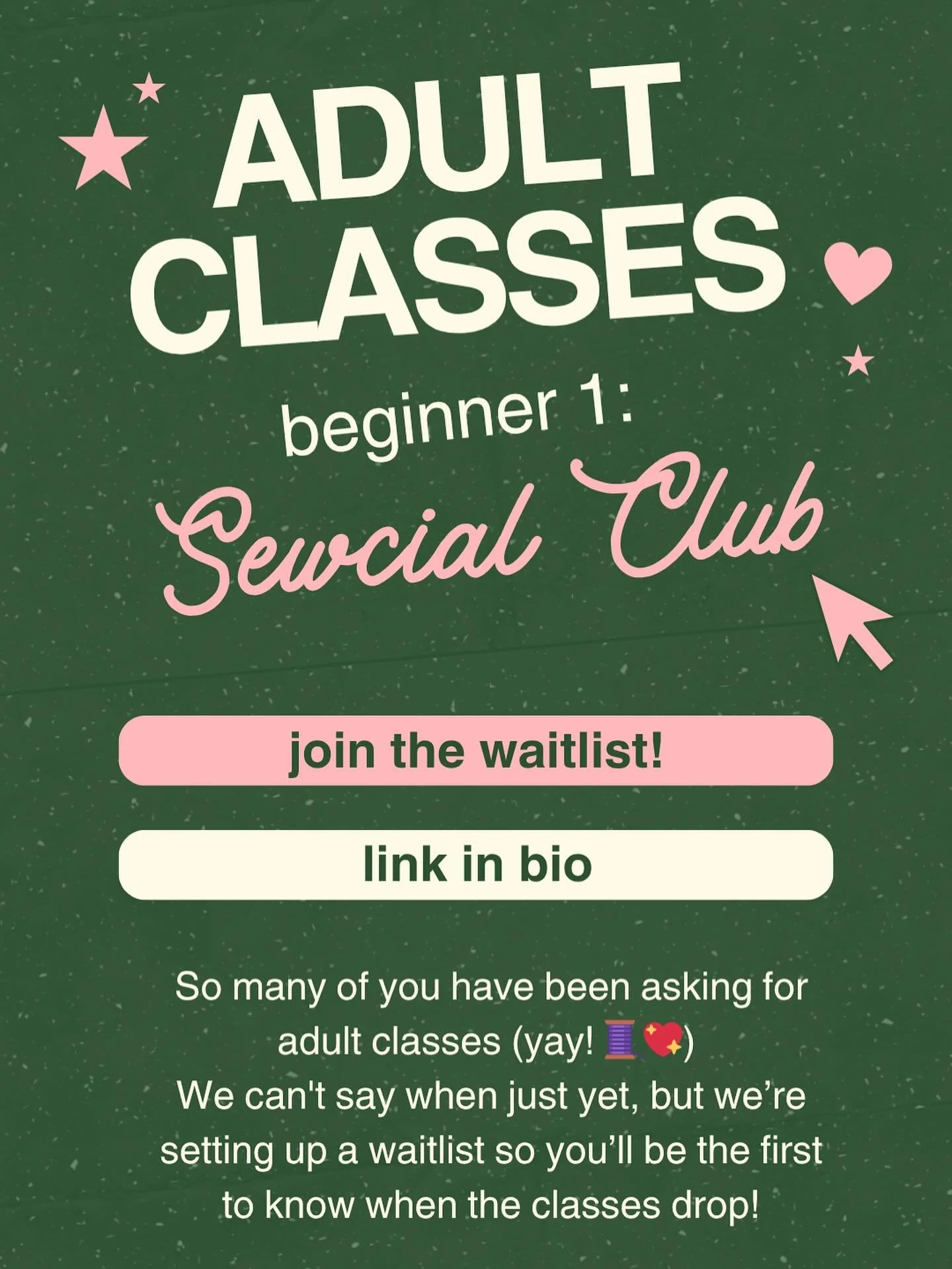 ✨Lots of you have been asking about adult classes (we see you 👀🪡). We&rsquo;re not sure when the next session will drop, but you can hop on the waitlist so you&rsquo;ll be the first to know! 💌
Link in bio to join the waitlist 💕

#sewandtellstudio
