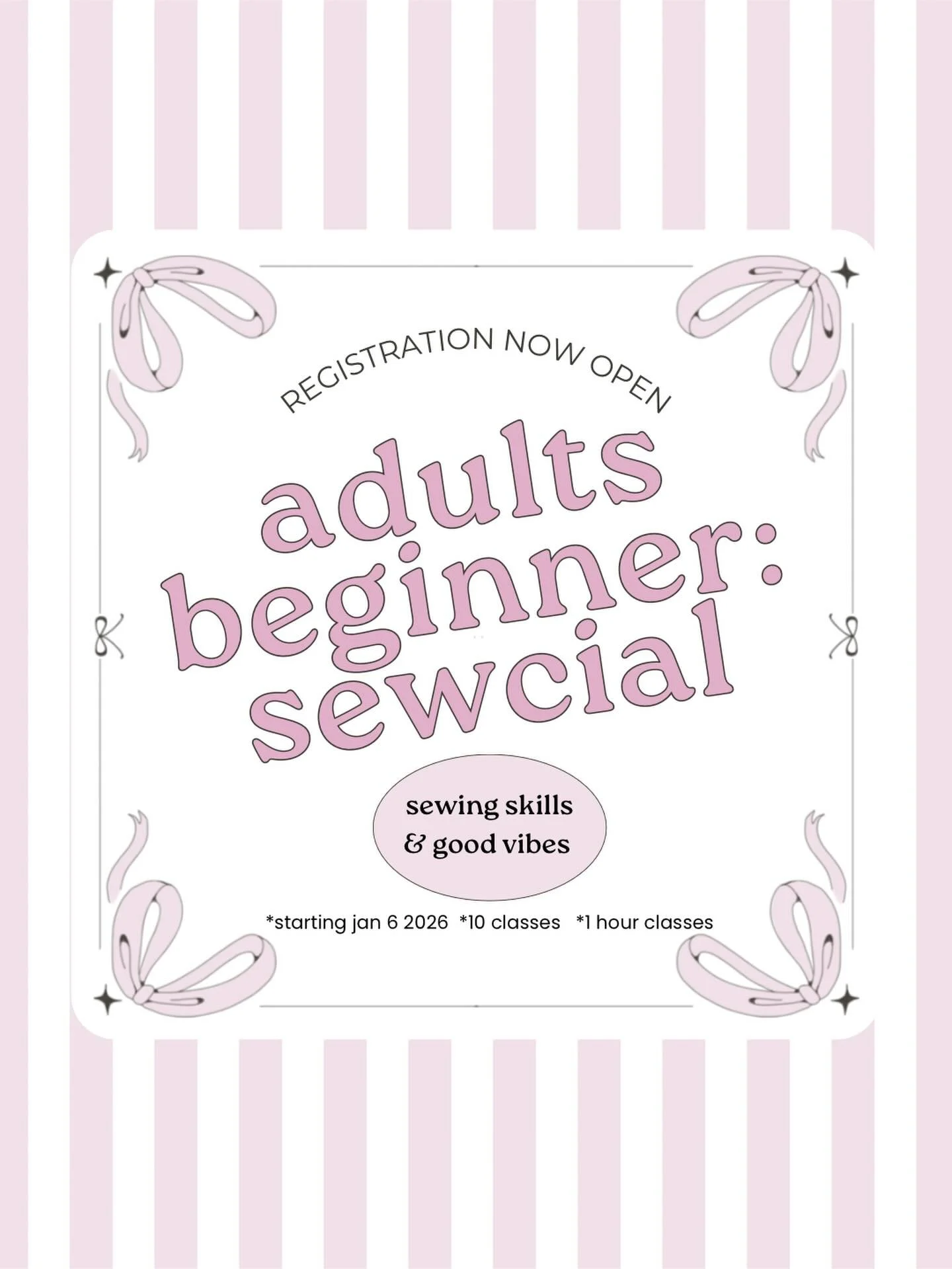 ❄️✂️ Adult Beginner Sewing WINTER 2026! ✂️❄️

Ready to finally learn how to use a sewing machine and make cute things?! This 10-week class is perfect for total beginners 💕

🧵 Starts week of Jan 5
🗓 Tuesdays: 10&ndash;11am // 7:45&ndash;8:45pm
🗓 W