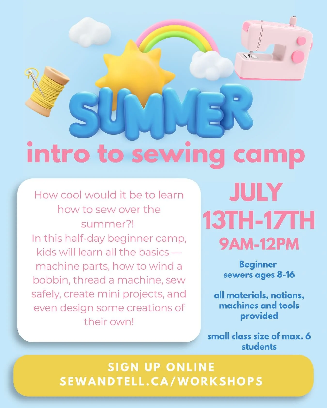 Calling all beginner sewists!! 🧵☀️✨
Our Intro to Sewing Summer Camp is officially HERE and we could not be more excited!!!
A whole week of learning how to sew, creating adorable beginner projects, making new friends, building confidence, and bringin