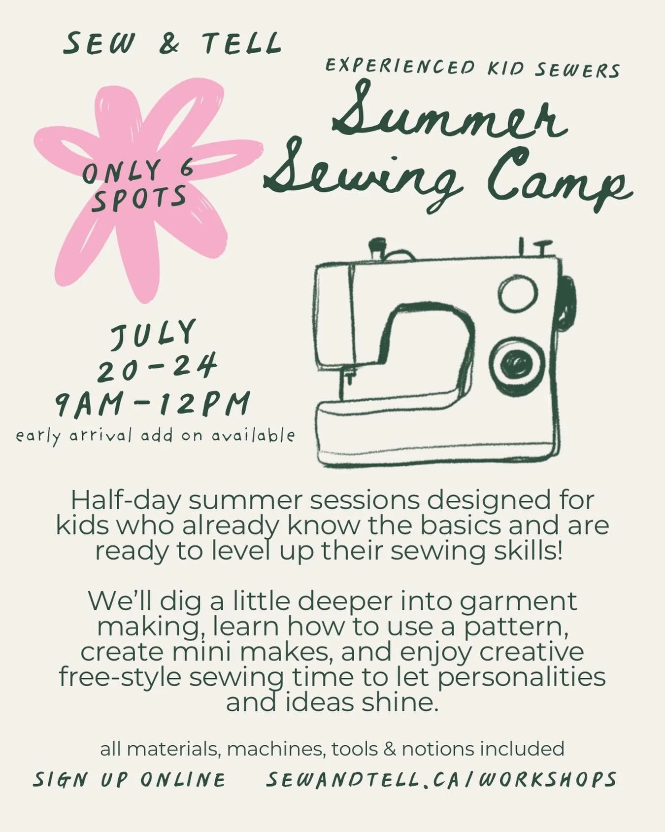 Calling all experienced young sewists ✂️💖
Our Summer Sewing Camp for experienced sewers is here! July 20&ndash;24, 9am&ndash;12pm ☀️
This week we&rsquo;ll be diving into garment making &mdash; learning how to read a pattern, cut fabric properly, and