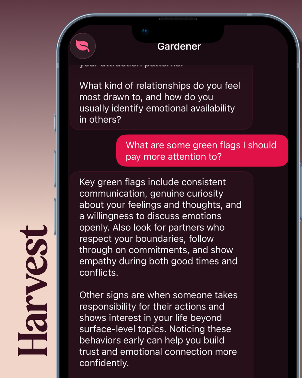 The Gardener, Harvest's AI dating coach, answering a question about relationship green flags