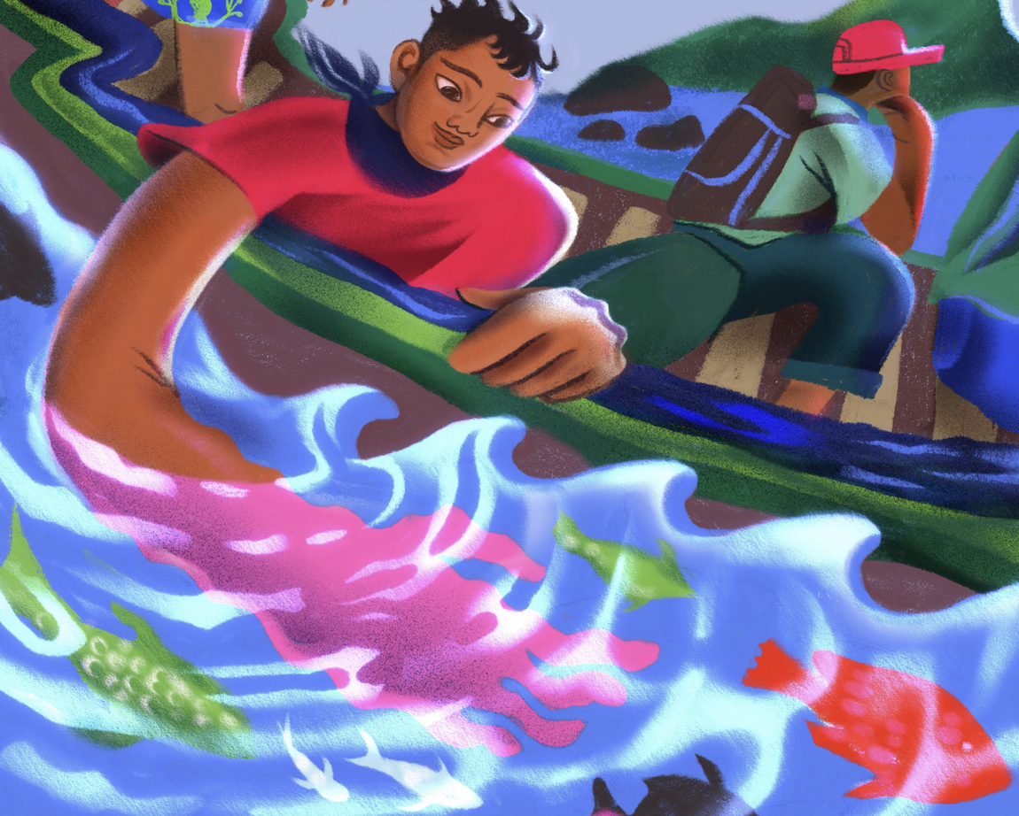 A person in a red shirt reaches into a body of water, surrounded by colorful fish, while another person with a pink hat looks on in the background.