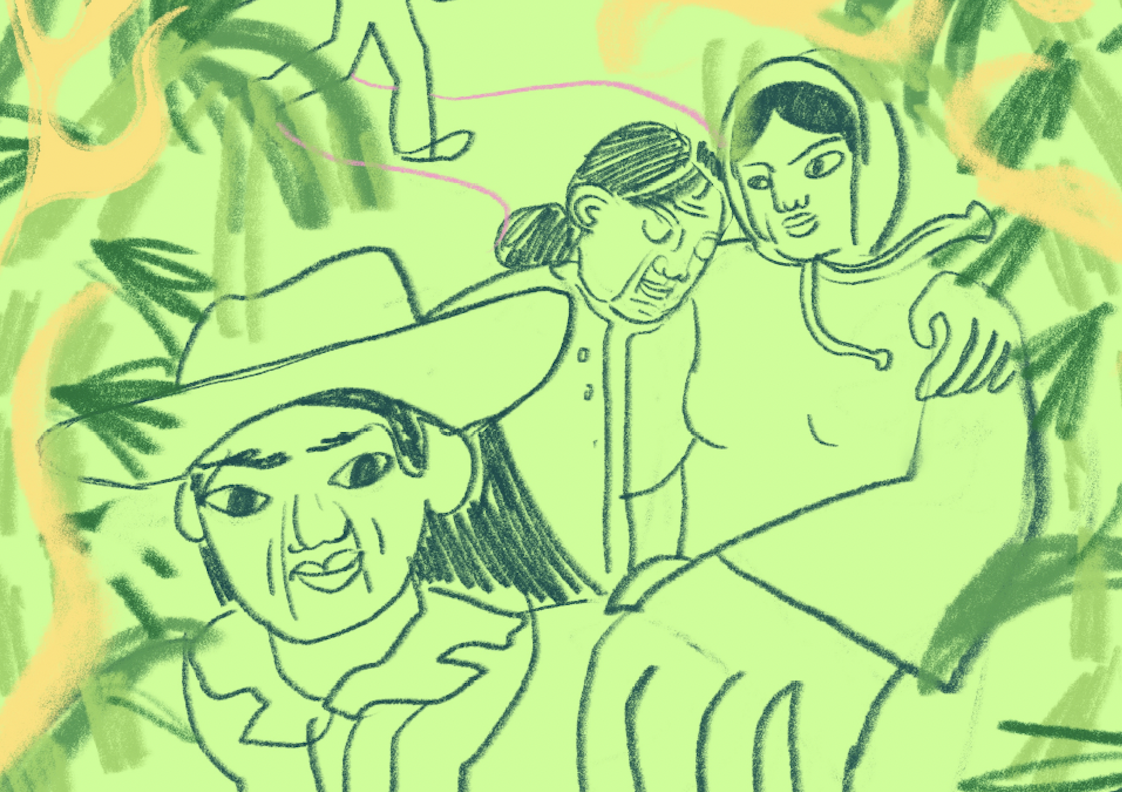 A drawing of three people in a jungle. One woman with a hat in the foreground, a man with a hoodie in the middle, and an elderly woman with her eyes closed in the background.