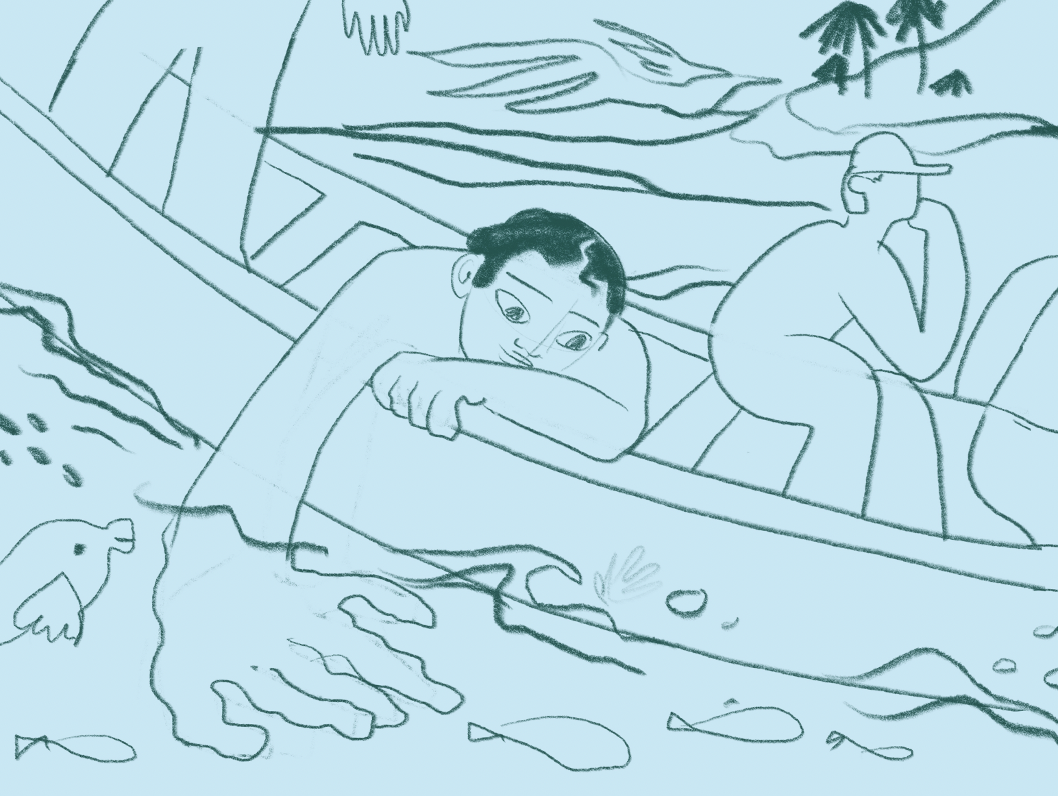 A child leaning on a railing looking into a body of water with fish, alongside an adult sitting on the railing in a hat and drinking from a cup, with mountains and trees in the background.