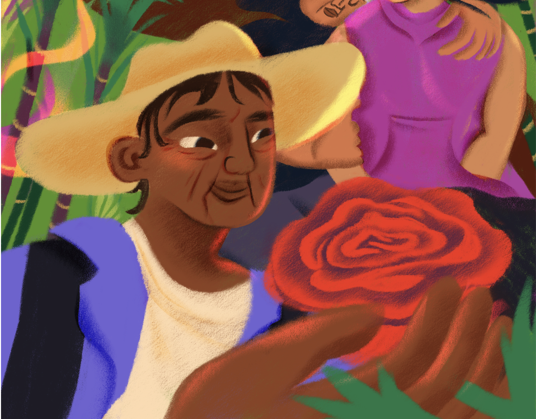 A young girl wearing a large yellow straw hat and a blue and white shirt, smiling and holding a red rose. Two other children are partially visible, one in purple and one with dark hair, surrounded by green foliage.