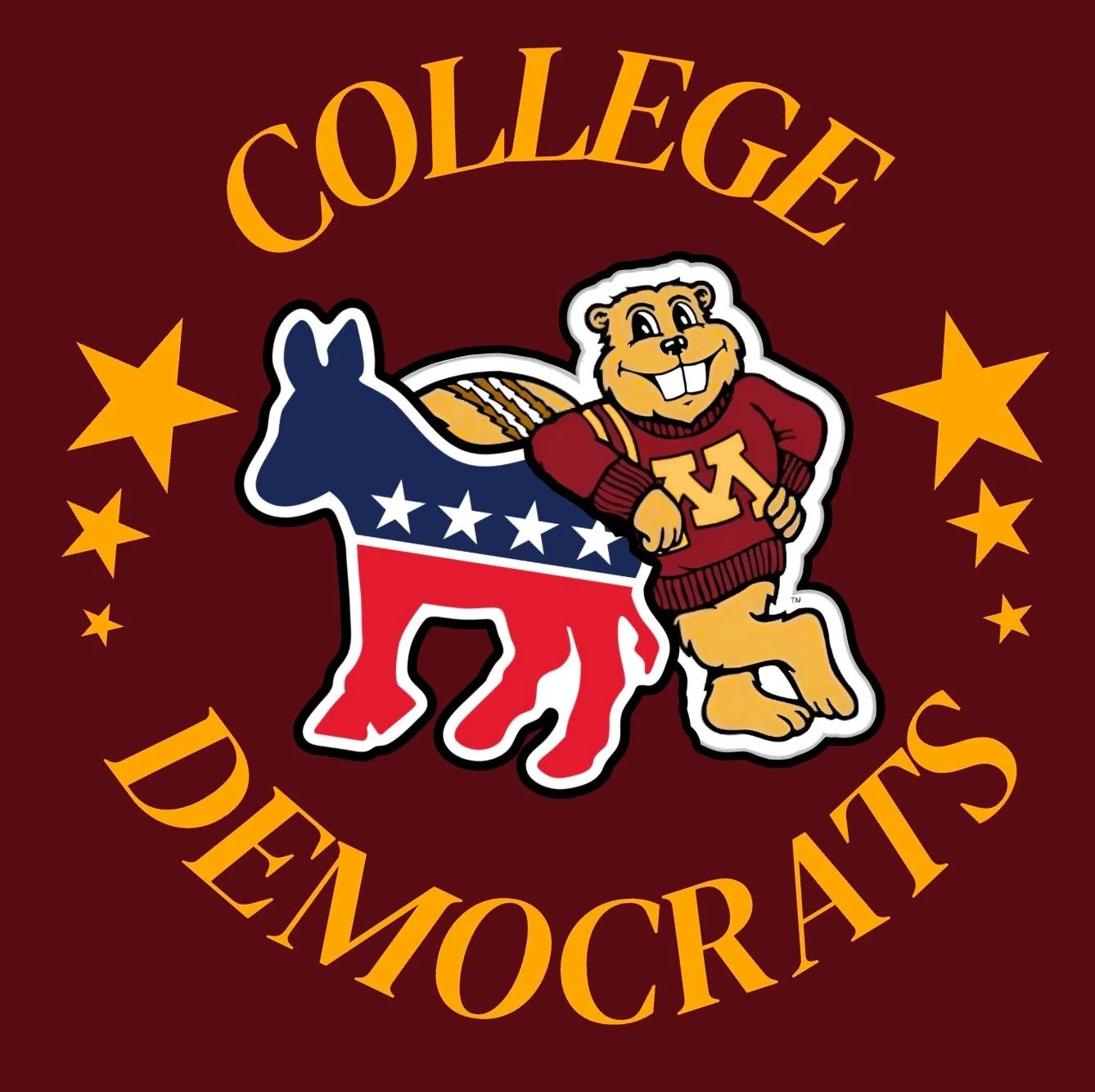 A graphic logo of a Minnesota Golden Gopher with a maroon and gold sweatshirt is leaning on a red, white, and blue starred donkey in front of a blue background.