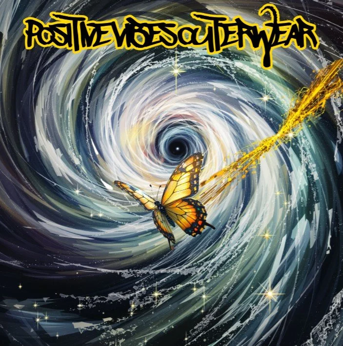 A butterfly flying through a cosmic, swirling vortex with the text 'Positive Vibes Only' written above.