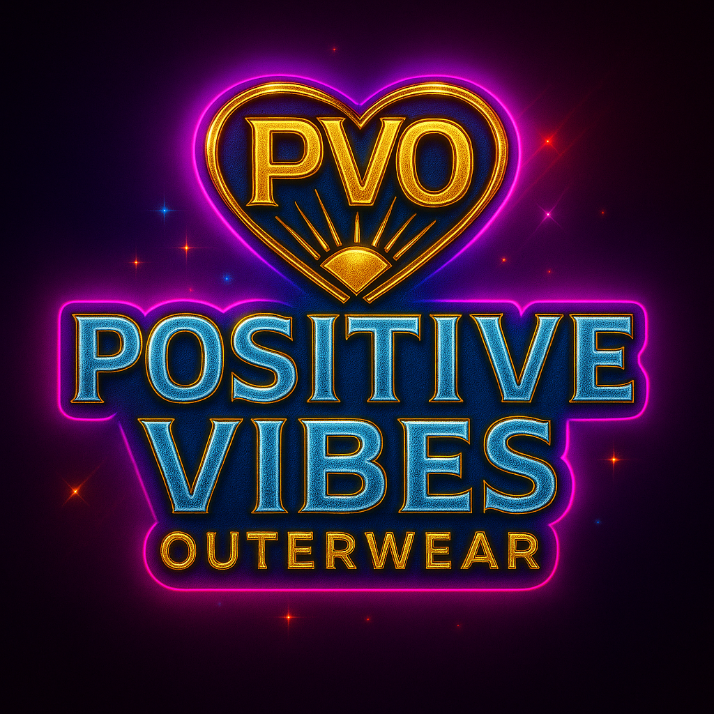 Neon sign with the words "PVO Positive Vibes Outerwear" and a heart-shaped outline with a sunrise inside, glowing in pink, yellow, and blue colors.