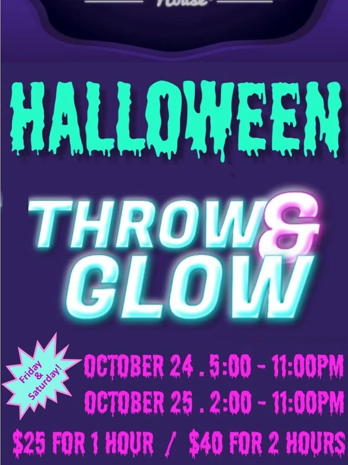 Ready...set...GLOW!! This popular event is back starting Friday October 24th from 5-11pm and Saturday the 25th from 2-11pm.  Dress up
In your Halloween costume, grab your friends and get ready for unforgettable fun!  BYO food & drink. Regular pri