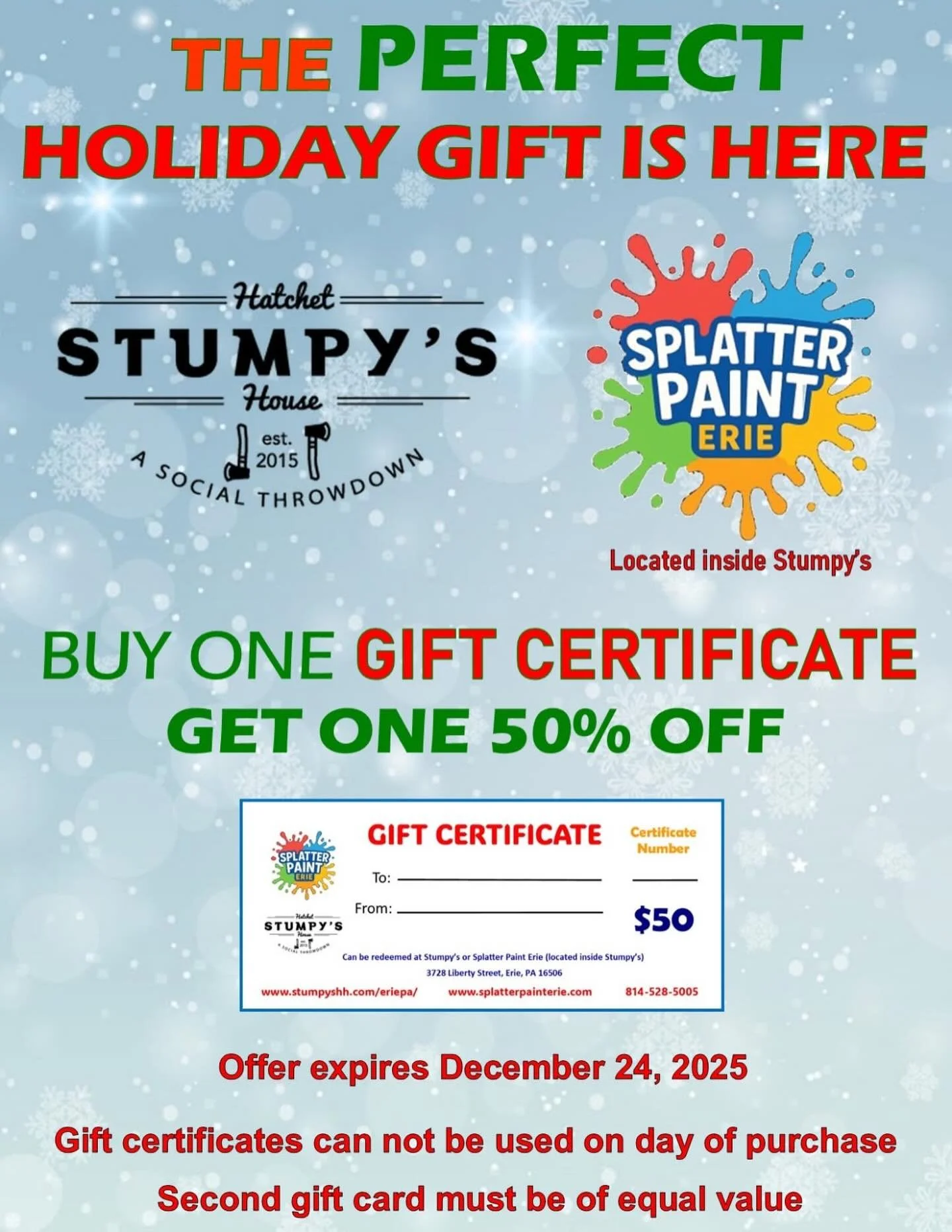 🚨Our BOGO 50% off gift card sale starts on Black Friday! 🚨

Gift cards can be used at for Stumpy's 🪓 or Paint Splatter!🫟 

We are open noon to 11pm on Black Friday!