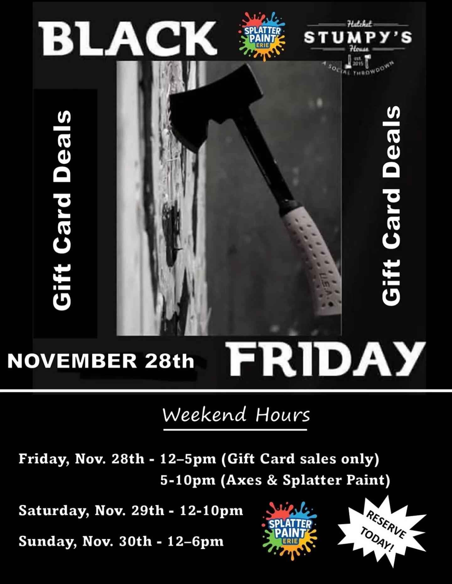 Start making your weekend plans at Stumpy's! 

🎁 BOGO 50% off gift card sale starts Friday!!
🪓 Axe throwing open all weekend 
🫟 Reserve one of our splatter paint experiences 

We are open all weekend!!