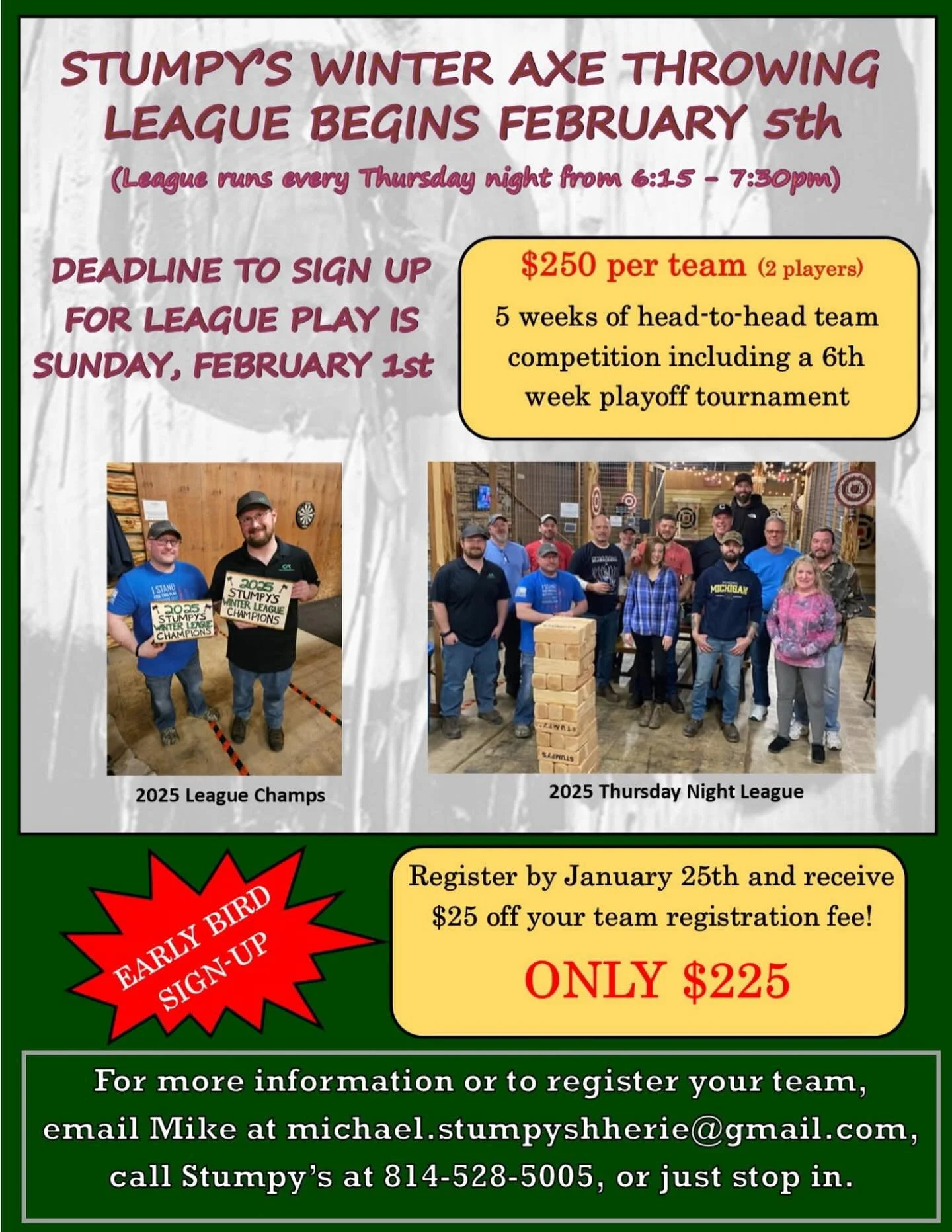 Winter Axe Throwing League Is ON ❄️🪓

Cold weather. Hot competition.
Our Winter Axe Throwing League is officially open&mdash;and this is your sign to join.
Grab a team of 2 and lock in your Thursday nights, and get ready for friendly rivalries, big 