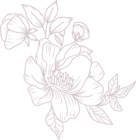 Line drawing of a flowers with leaves on a black background.