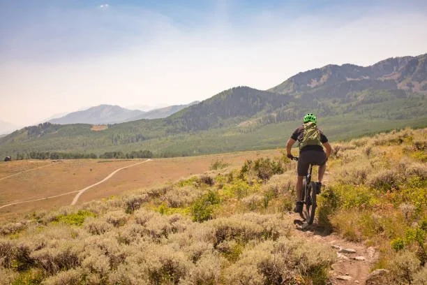 A person riding a mountain bike on a dirt trail through a hilly landscape with mountains in the background and a partly cloudy sky.